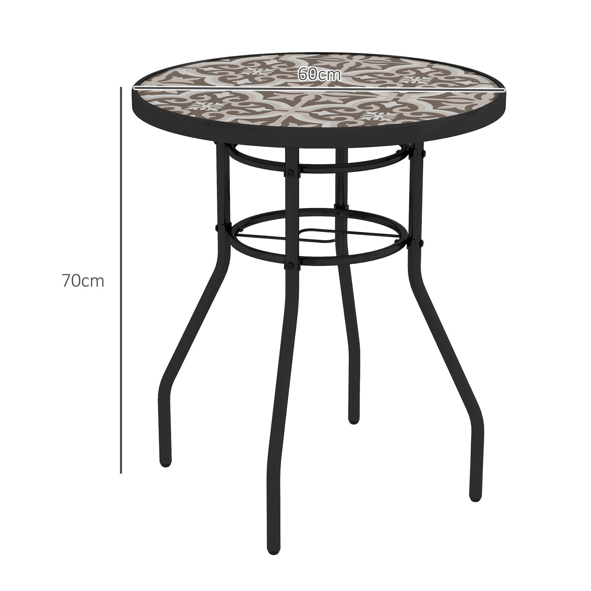 Tempered Glass Top Garden Table with Glass Printed Design, Steel Frame, Foot Pads for Porch, Balcony, Tan Brown-2