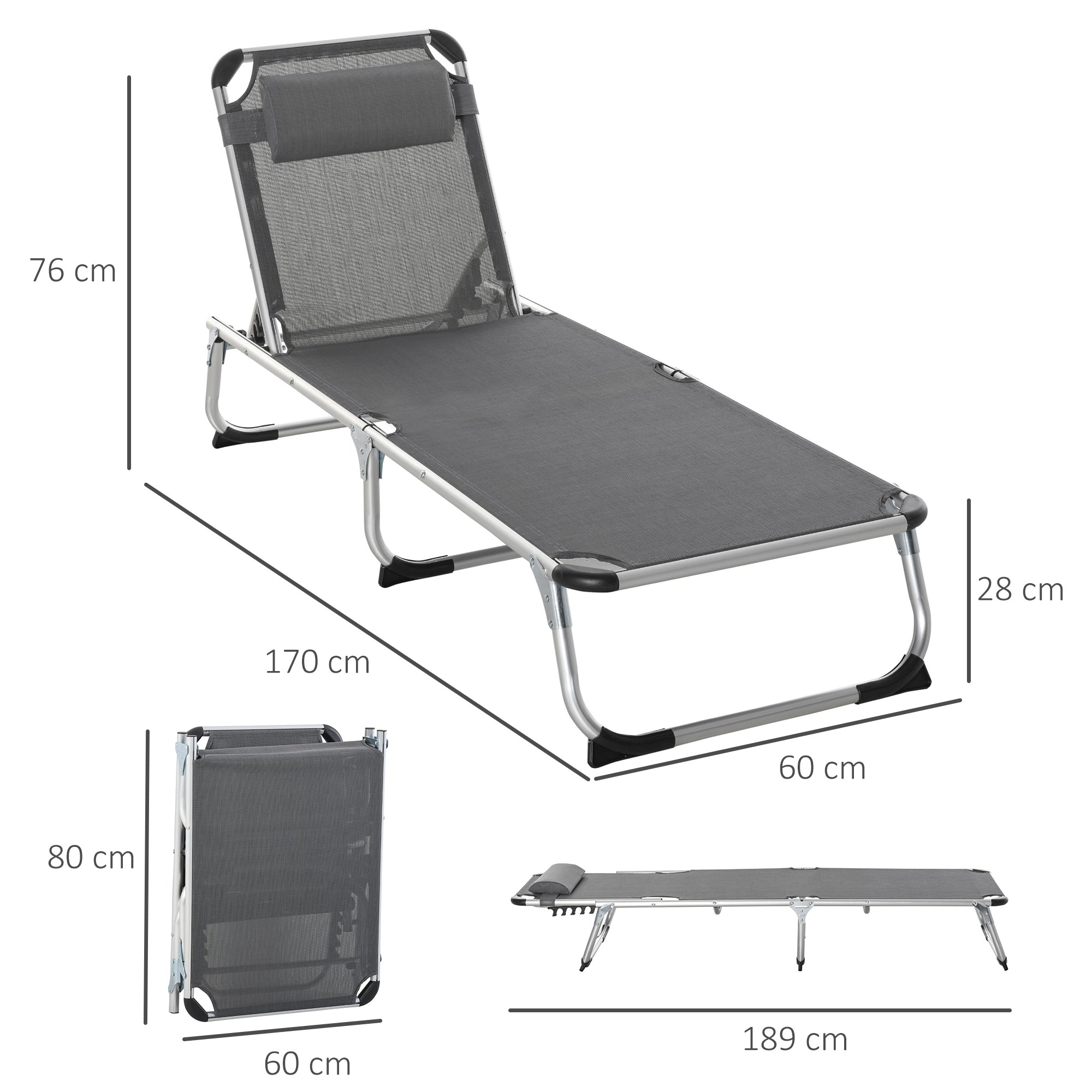 2 Pieces Foldable Sun Lounger with Pillow, 5-Level Adjustable Reclining Lounge Chair, Aluminium Frame Camping Bed Cot, Grey-2