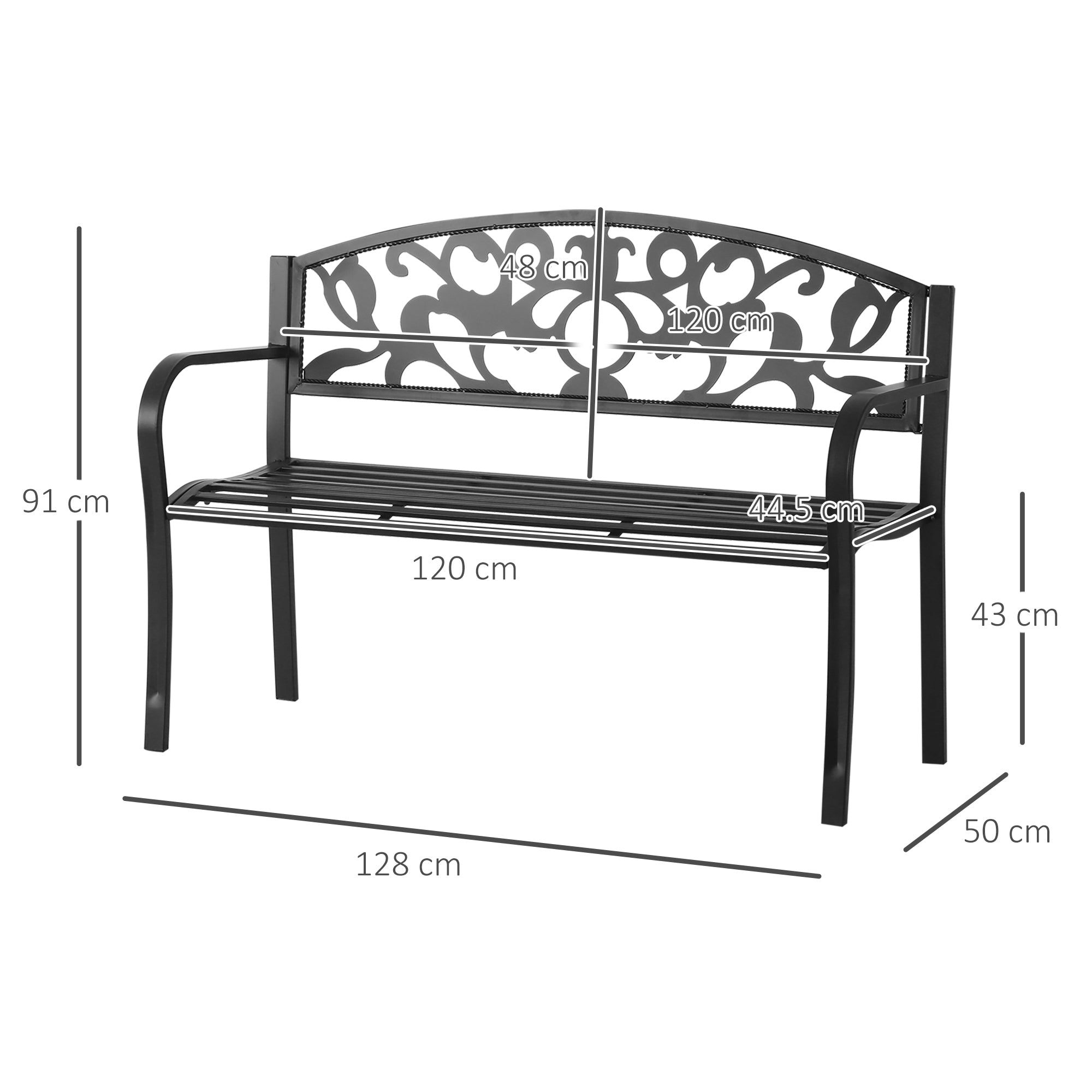 2 Seater Outdoor Patio Garden Metal Bench Park Yard Furniture Porch Chair Seat Black 128L x 91H x 50W cm-2