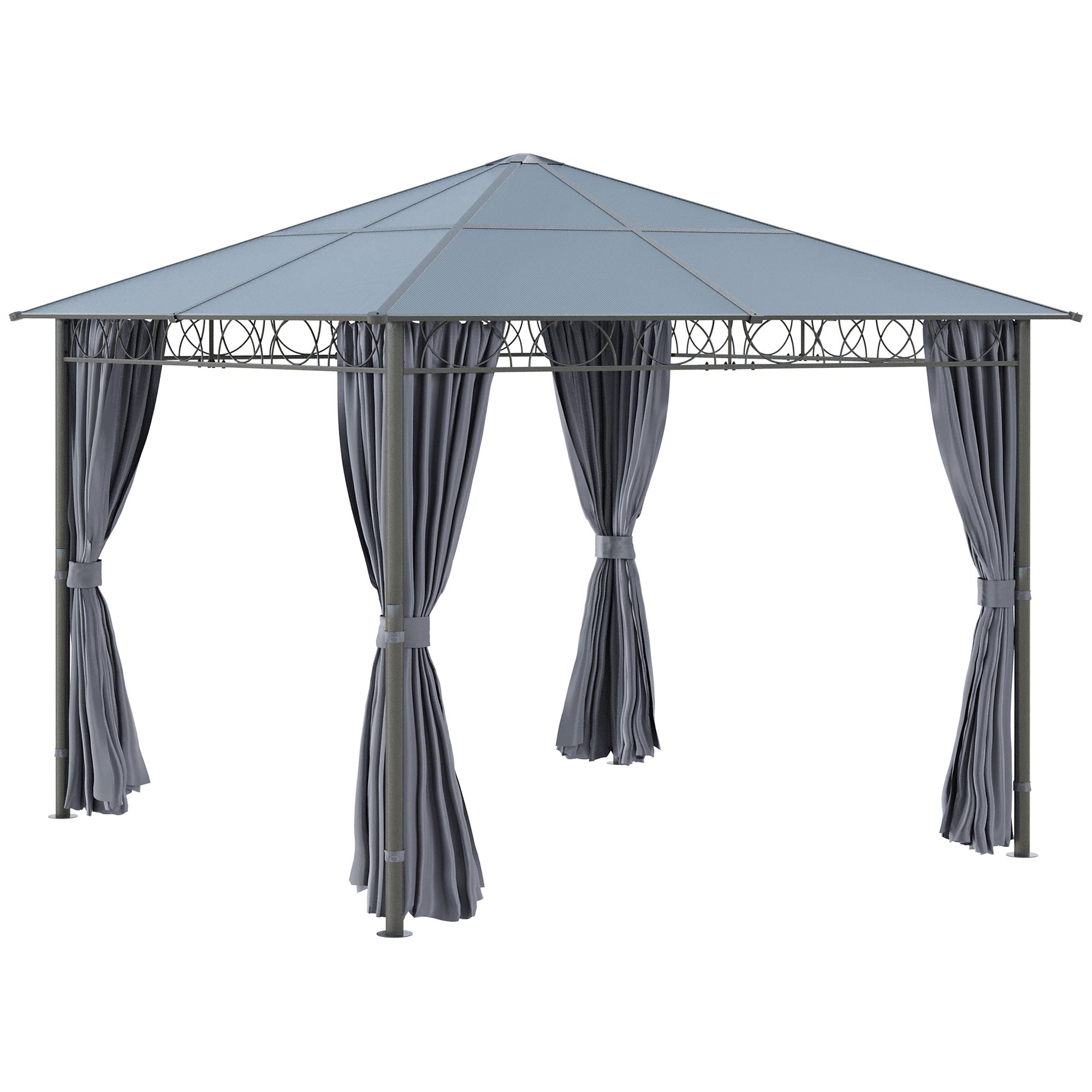 3 x 3(m) Hardtop Gazebo with UV Resistant Polycarbonate Roof, Steel & Aluminum Frame, Garden Pavilion with Curtains, Grey-0