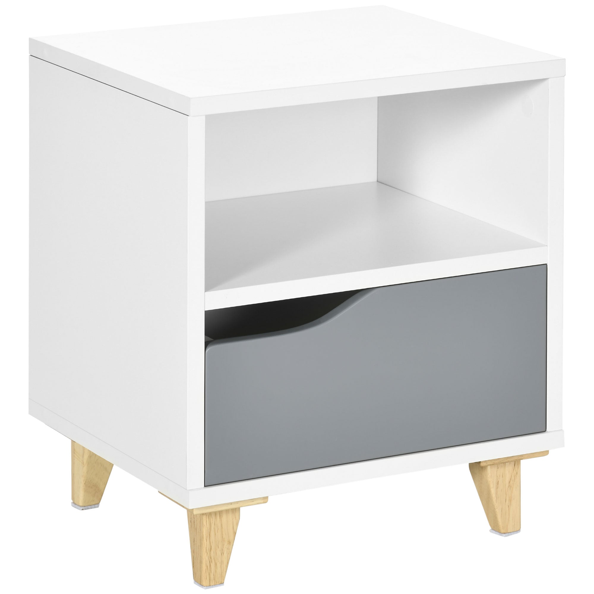 Modern Bedside Table, Side End Table with Shelf, Drawer and Wood Legs, 36.8cmx33cmx43.8cm, White and Grey-0