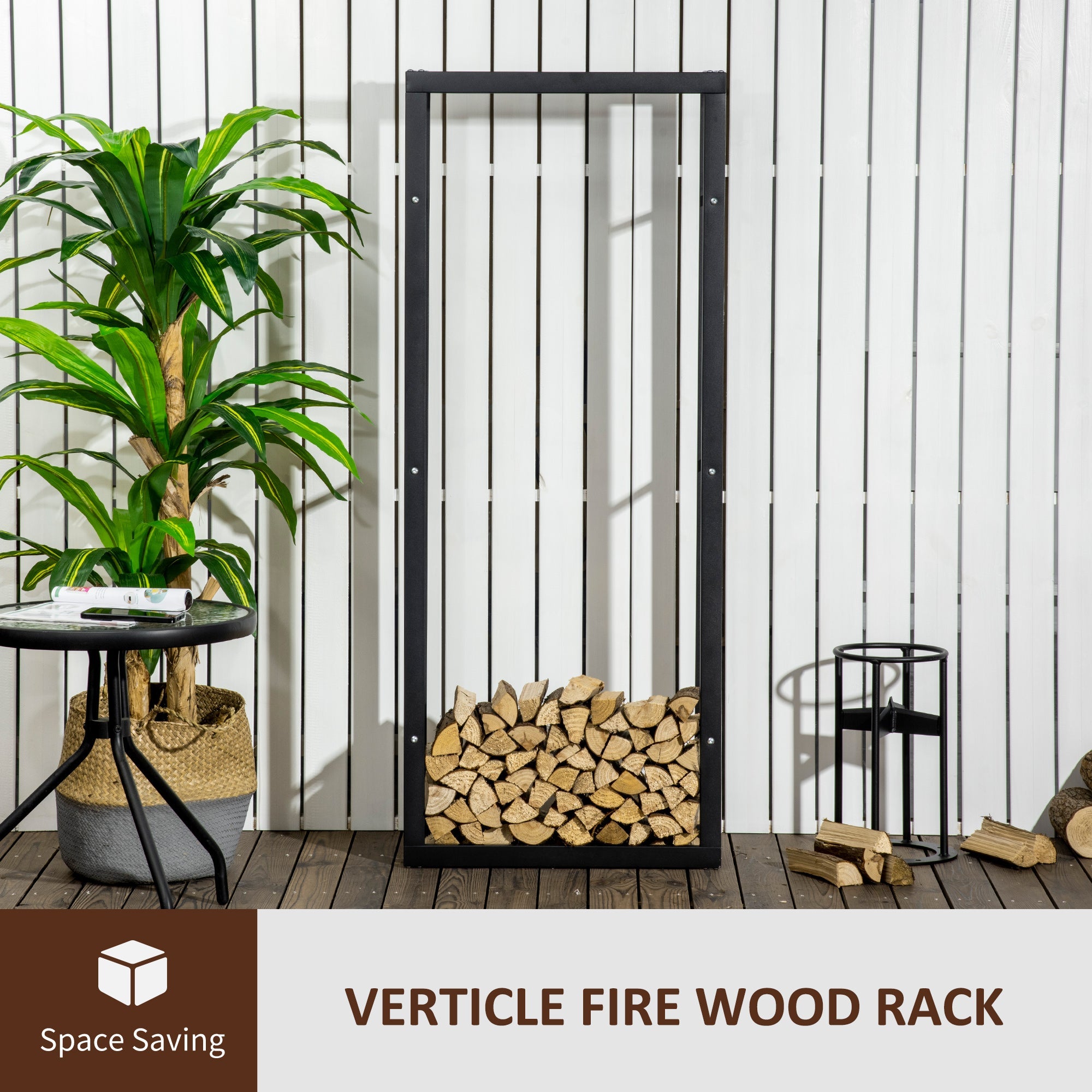 Metal Firewood Log Holder Tall Firewood Rack Indoor Outdoor Fireplace Wood Storage Shelf, Black, 60Wx25Dx150Hcm-3