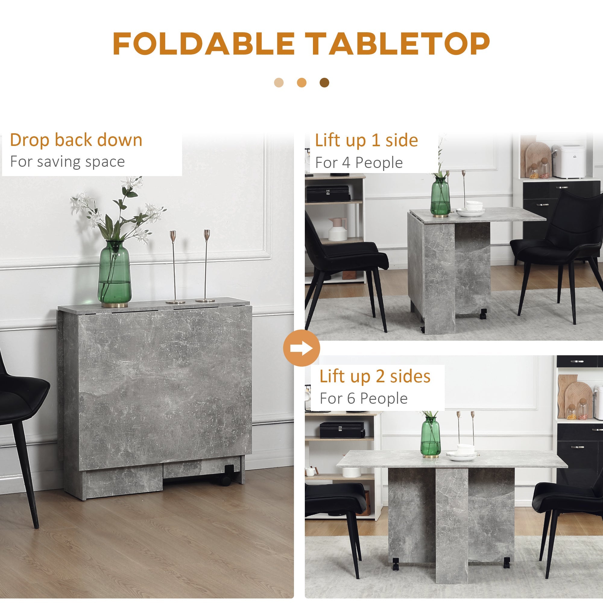 Folding Dining Table, Drop Leaf Table for Small Spaces with 2-tier Shelves, Small Kitchen Table with Rolling Casters, Cement Grey-3