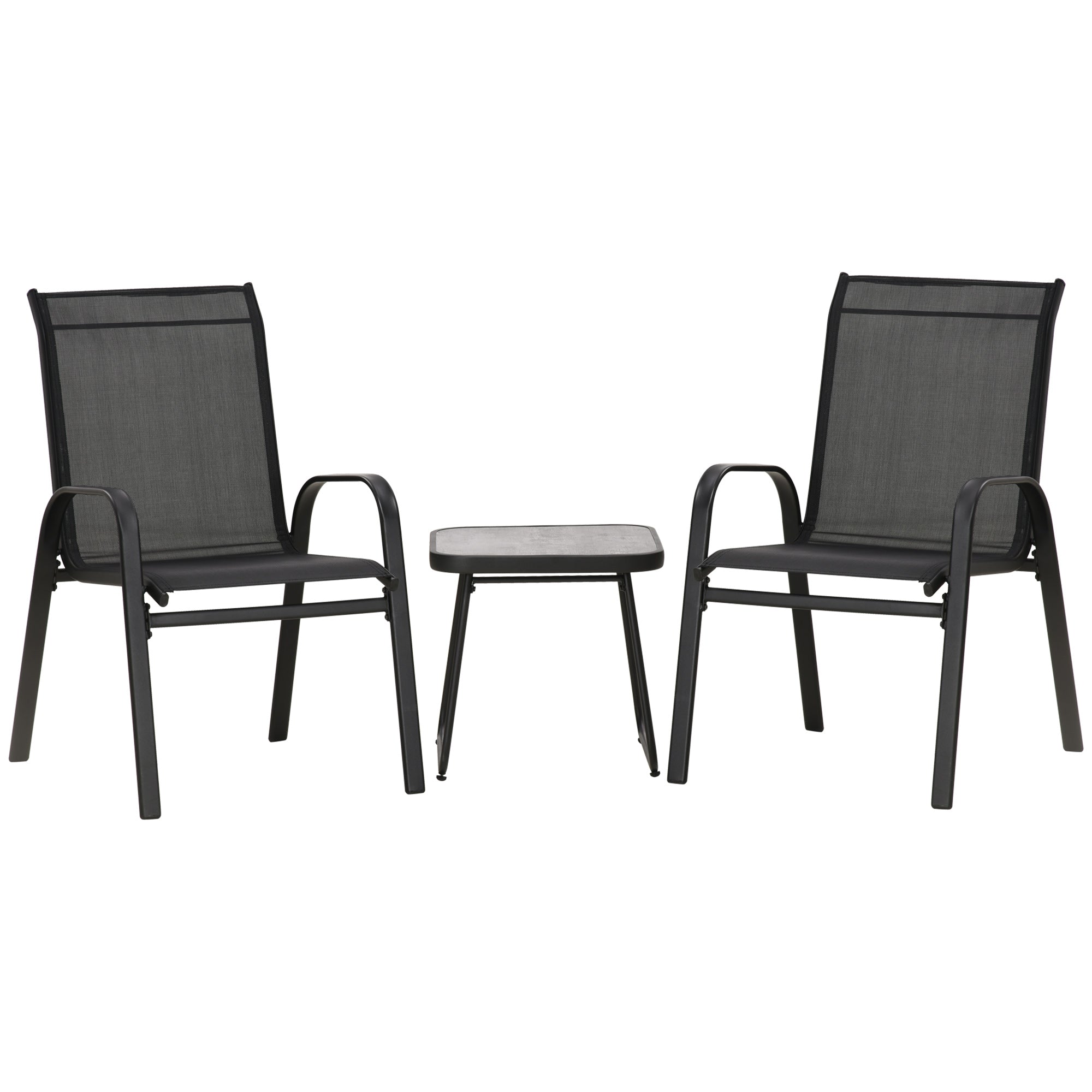 3 Pieces Outdoot Bistro Set, Patio Stackable Armchairs with Breathable Mesh Fabric and PSC Board Coffee Table, Black-0