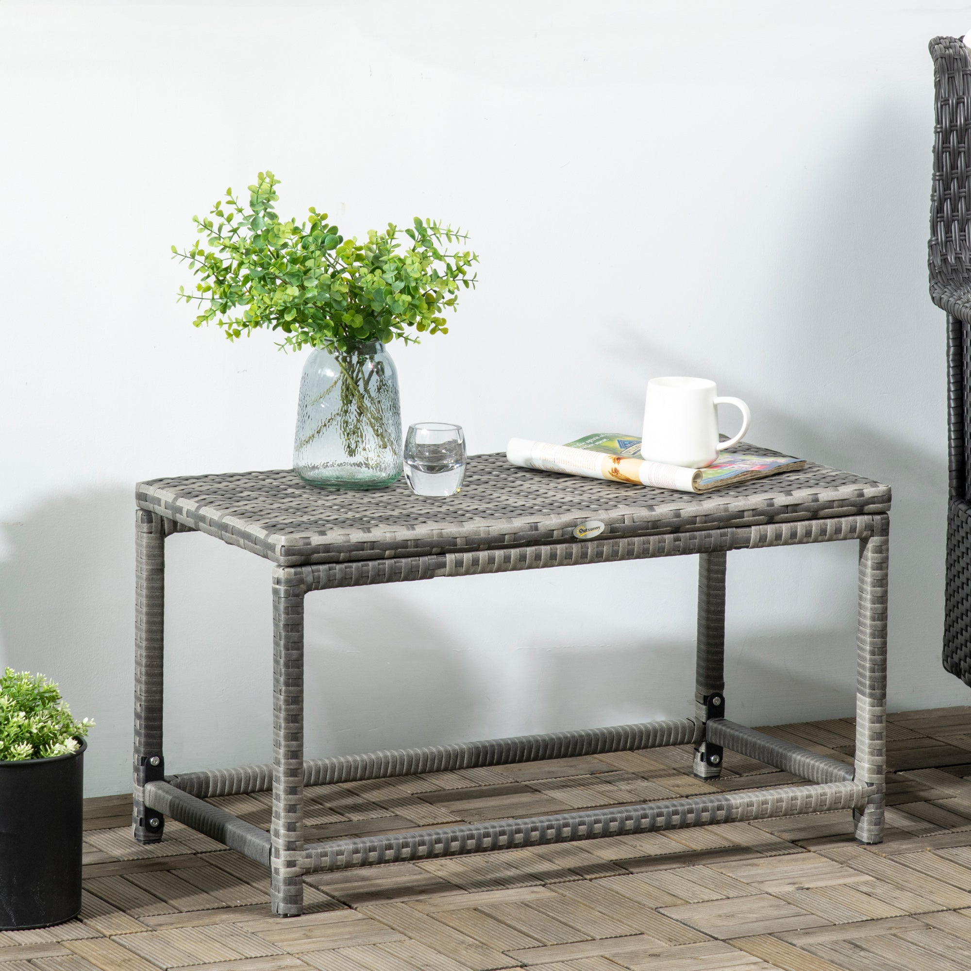Outdoor Coffee Table, Garden PE Rattan Side Table with Plastic Board Under the Full Woven Table Top and X-Shape Support for Patio Mixed Grey-1