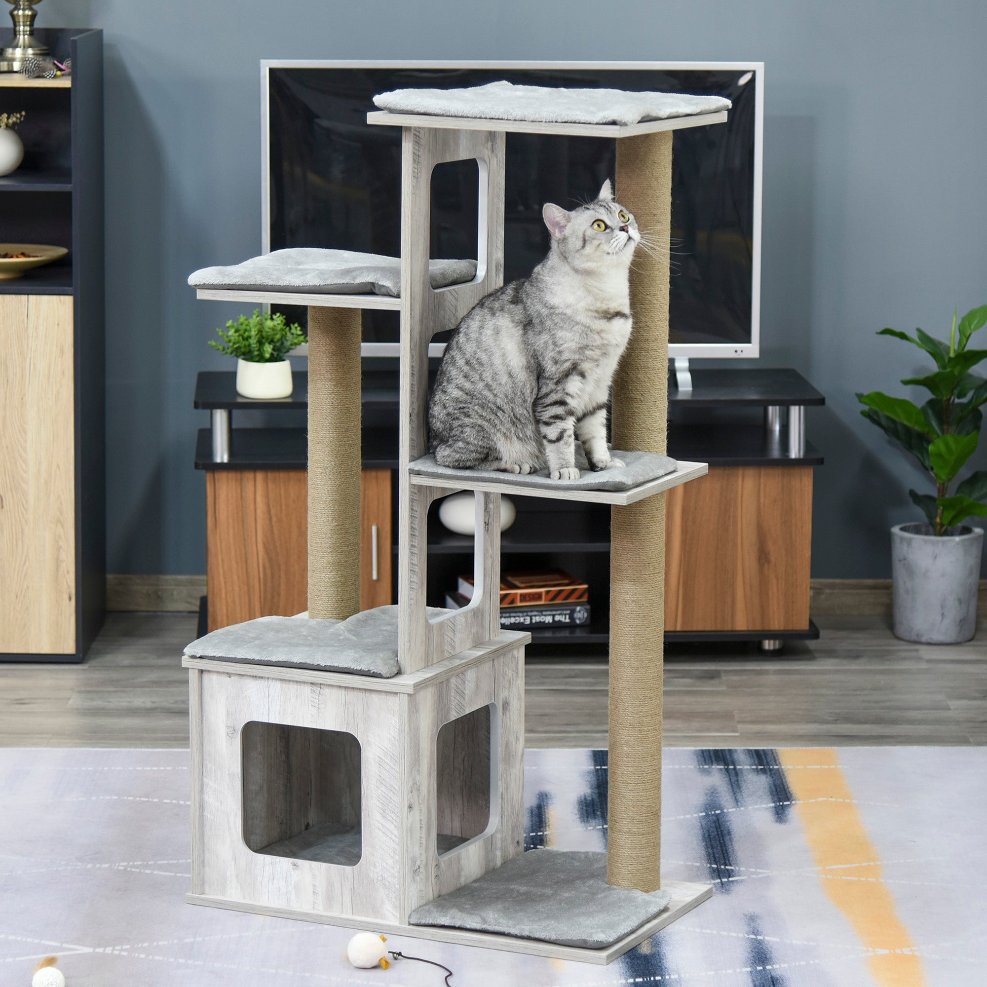 114cm Cat Tree for Indoor Large Cats Condo Jute Scratching Post Cat Tower Kitten Play House Activity Center Furniture Grey-1