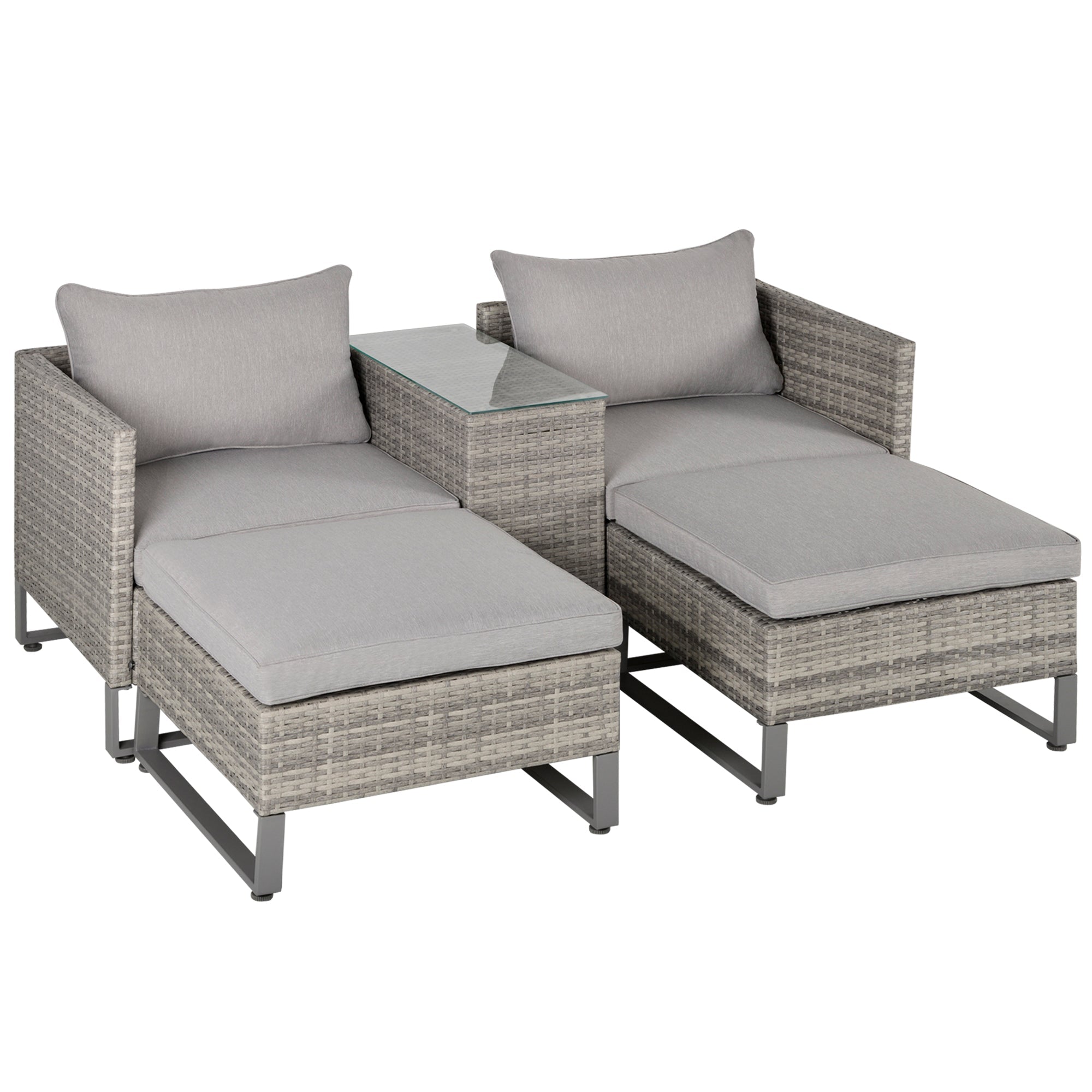 2 Seater Patio Rattan Wicker Sofa Set Chaise Lounge Double Sofa Bed Furniture w/ Coffee Table & Footstool for Patios, Garden, Backyard, Grey-0