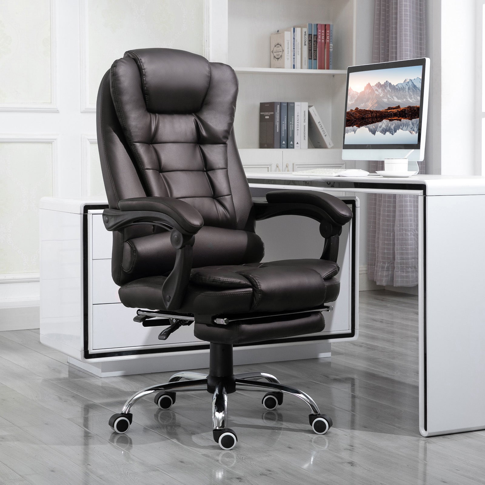 PU Leather Executive Office Chair, High Back Swivel Chair with Retractable Footrest, Adjustable Height, Reclining Function, Brown-1