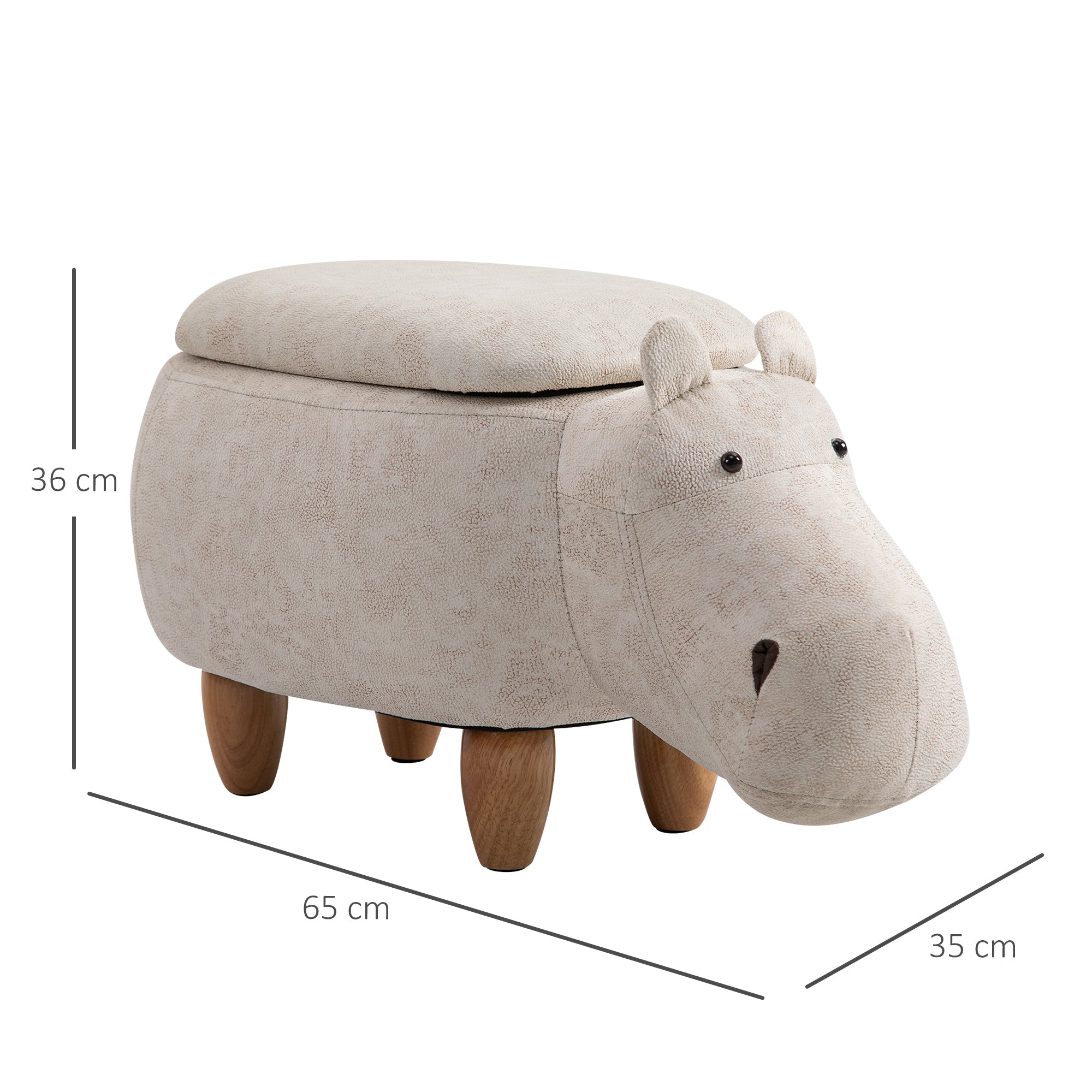 Hippo Storage Stool Cute Decoration Footrest Wood Frame Legs with Padding Lid Ottoman Animal Furniture Cream 36 x 65cm-2