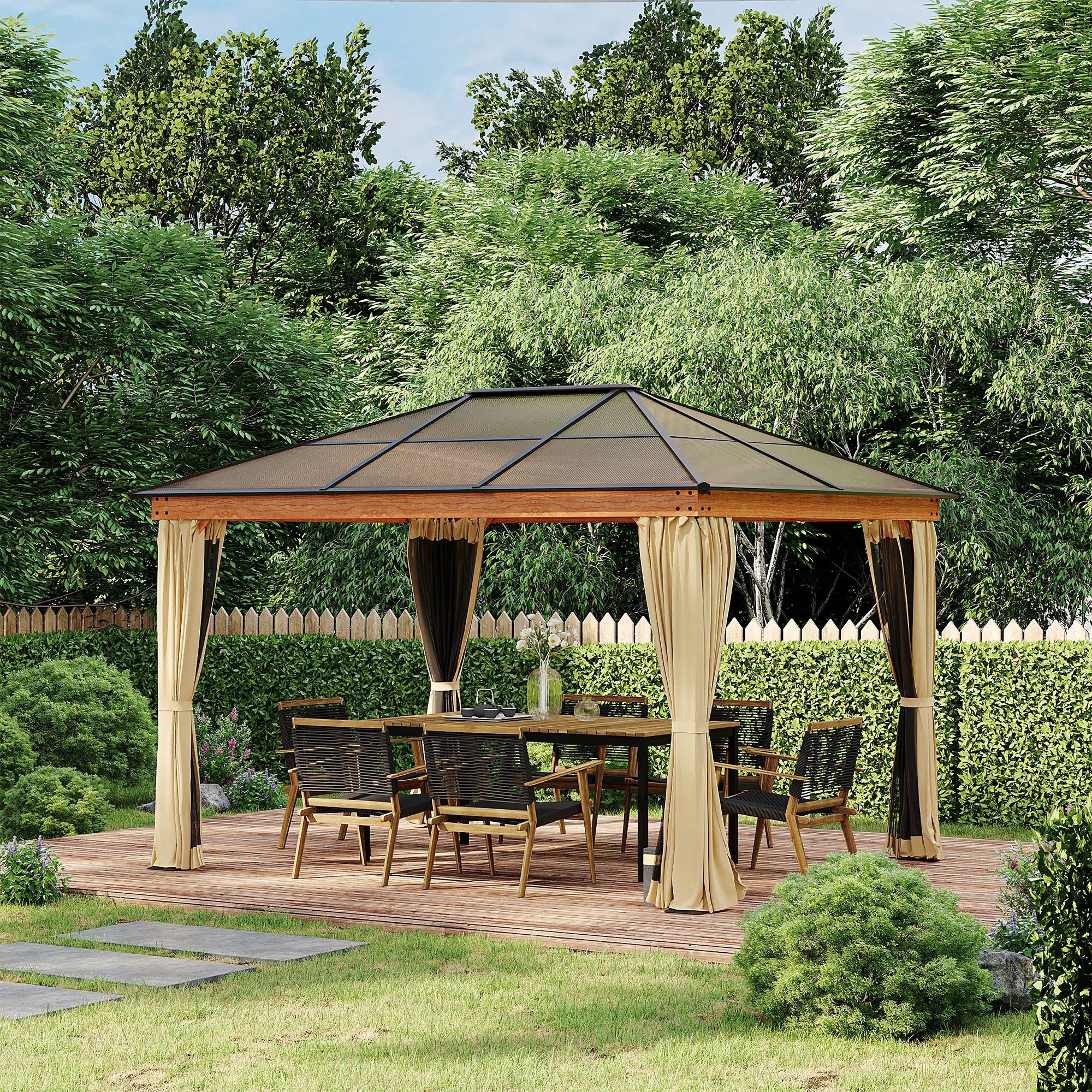 3 x 3.6 m Hardtop Gazebo Canopy with Polycarbonate Roof, Aluminium and Steel Frame, Nettings and Sidewalls for Garden, Patio, Khaki-1