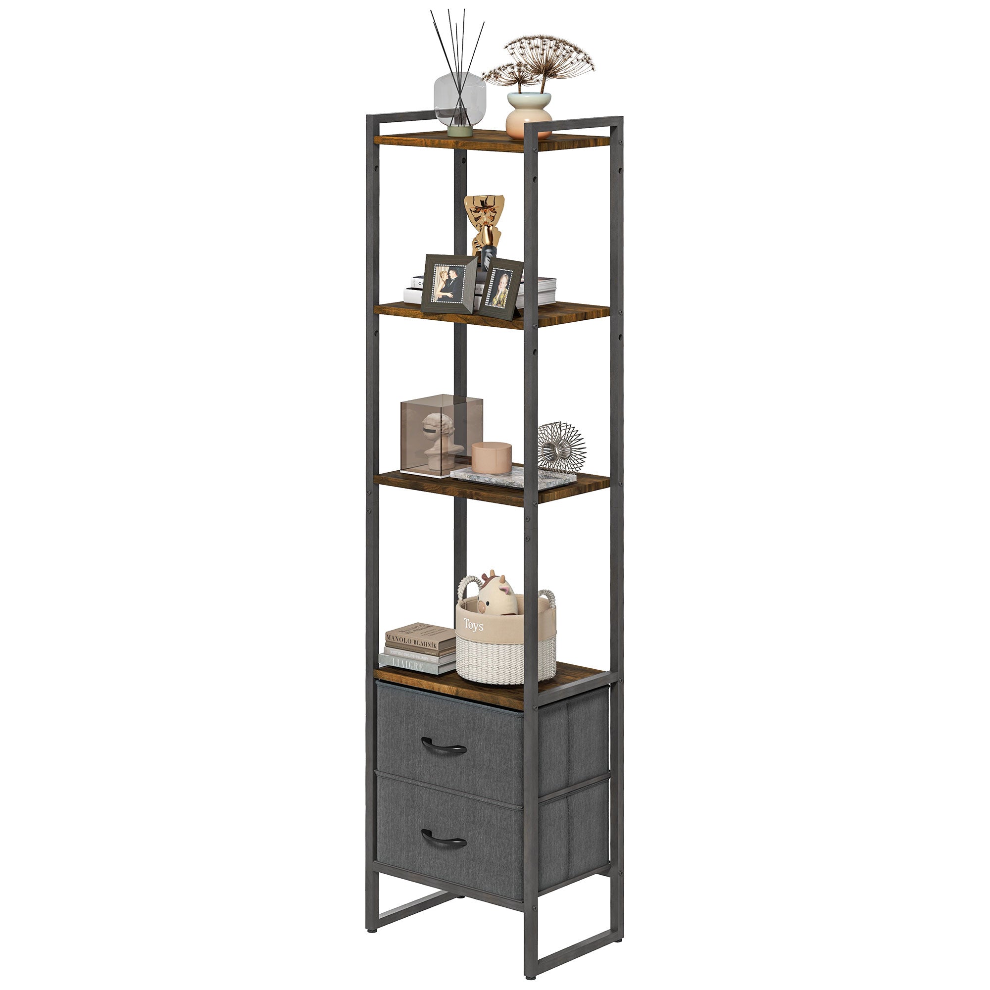 Industrial Bookcase 4-Tier Storage Shelf with 2 Fabric Drawers and Metal Frame for Living Room, Bedroom, Rustic Brown-0