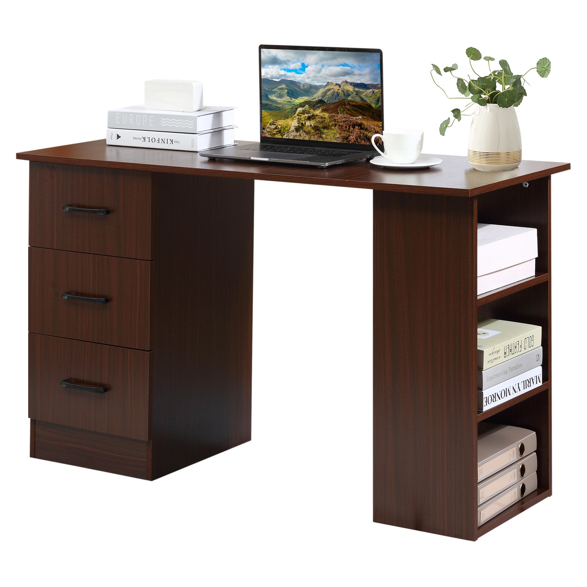 120cm Computer Desk with Storage Shelves Drawers, Writing Table Study Workstation for Home Office, Walnut Brown-1