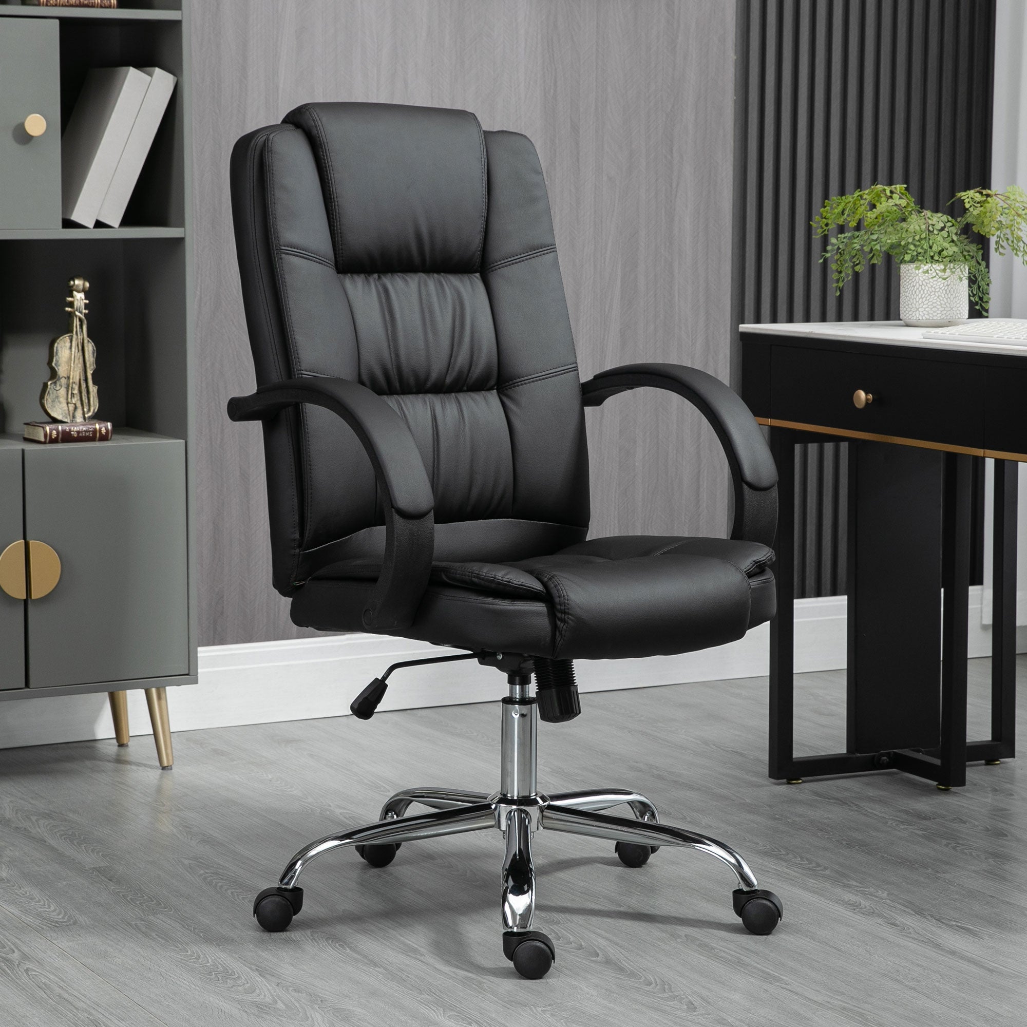 High Back Swivel Chair, PU Leather Executive Office Chair with Padded Armrests, Adjustable Height, Tilt Function, Black-1