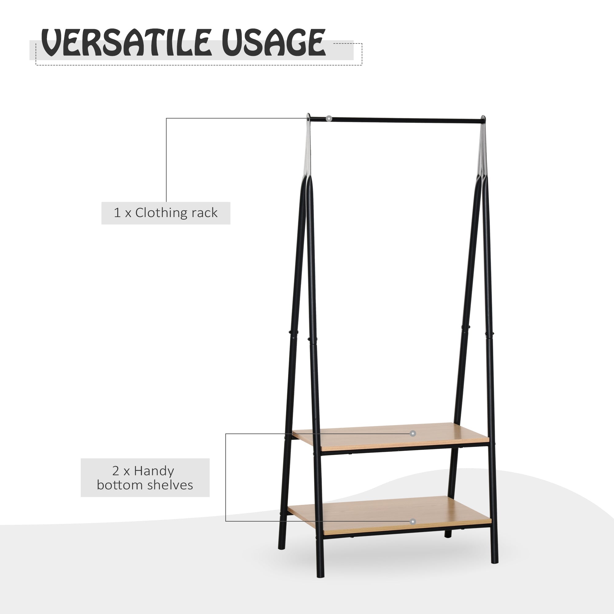 Clothes Rail, Freestanding Metal Clothes Rack with 2 Tier Storage Shelves for Bedroom and Entryway, 64 x 42.5 x 149 cm, Black Frame-3