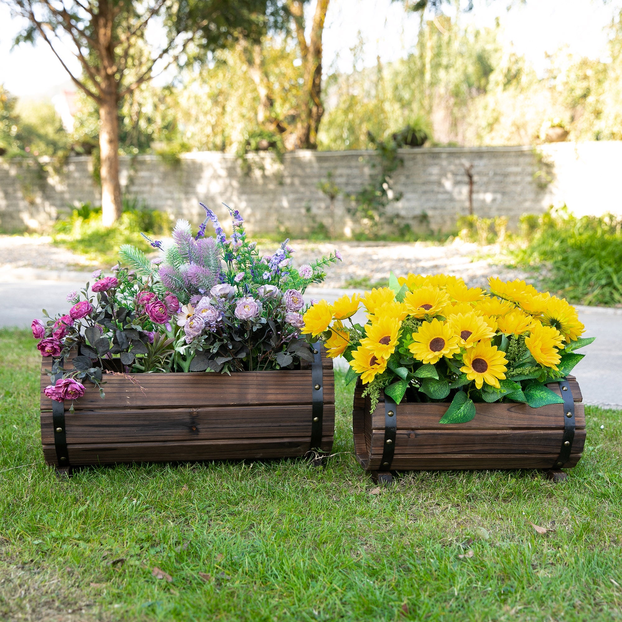 2PCs Wooden Planter Box Flower Plant Pot Outdoor & Indoor Flower Beds Plant Box with Solid Wood Carbonized Colour-1