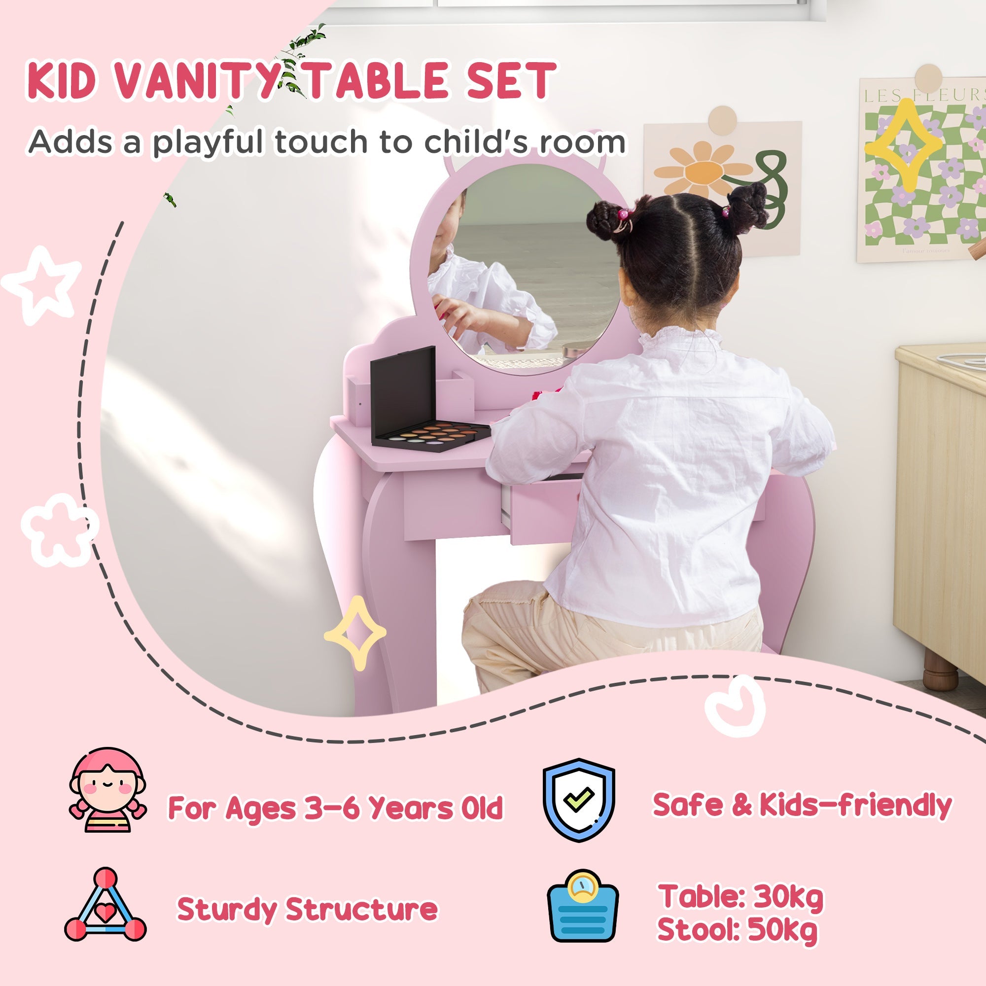 Kids Vanity Table with Mirror and Stool, Cat Design, Drawer, Storage Boxes, for 3-6 Years Old - Pink-3