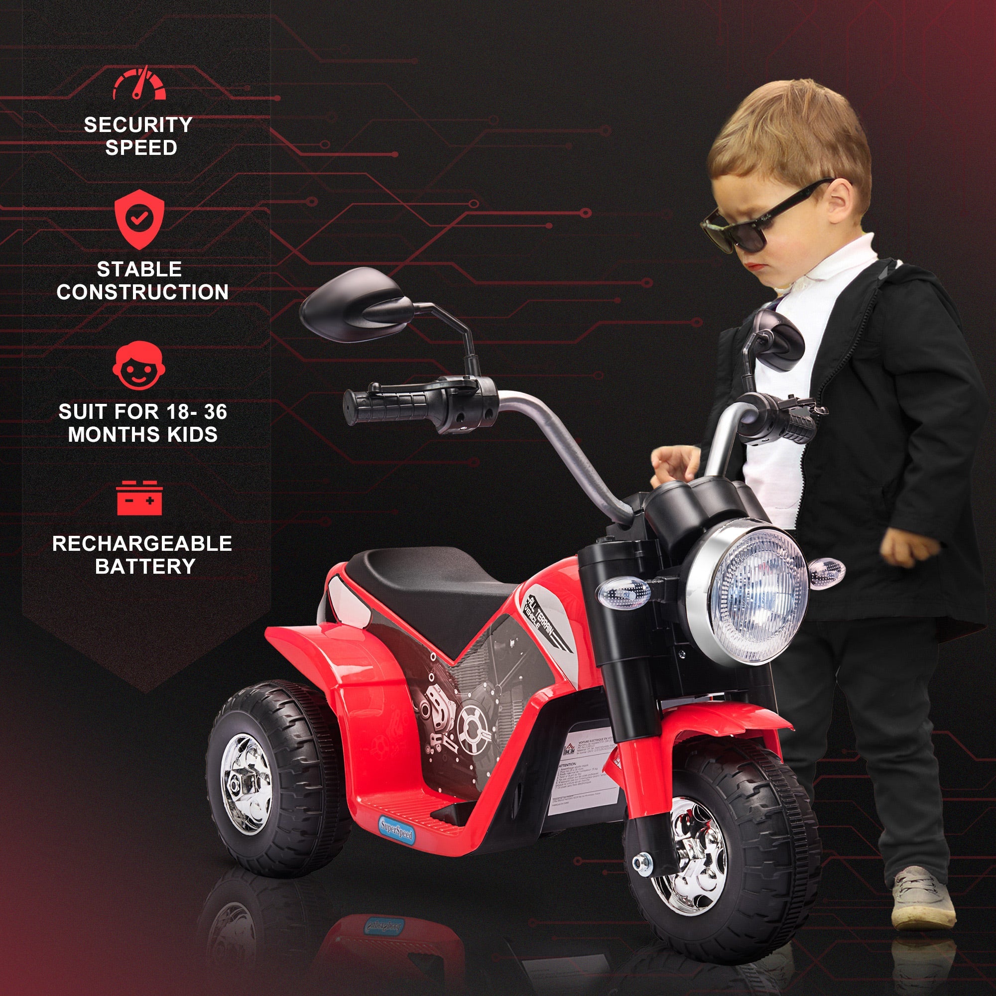 Kids Electric Motorcycle Ride-On Toy 3-Wheels Battery Powered Motorbike Rechargeable 6V with Horn Headlights Motorbike for 18 - 36 Months Red-4