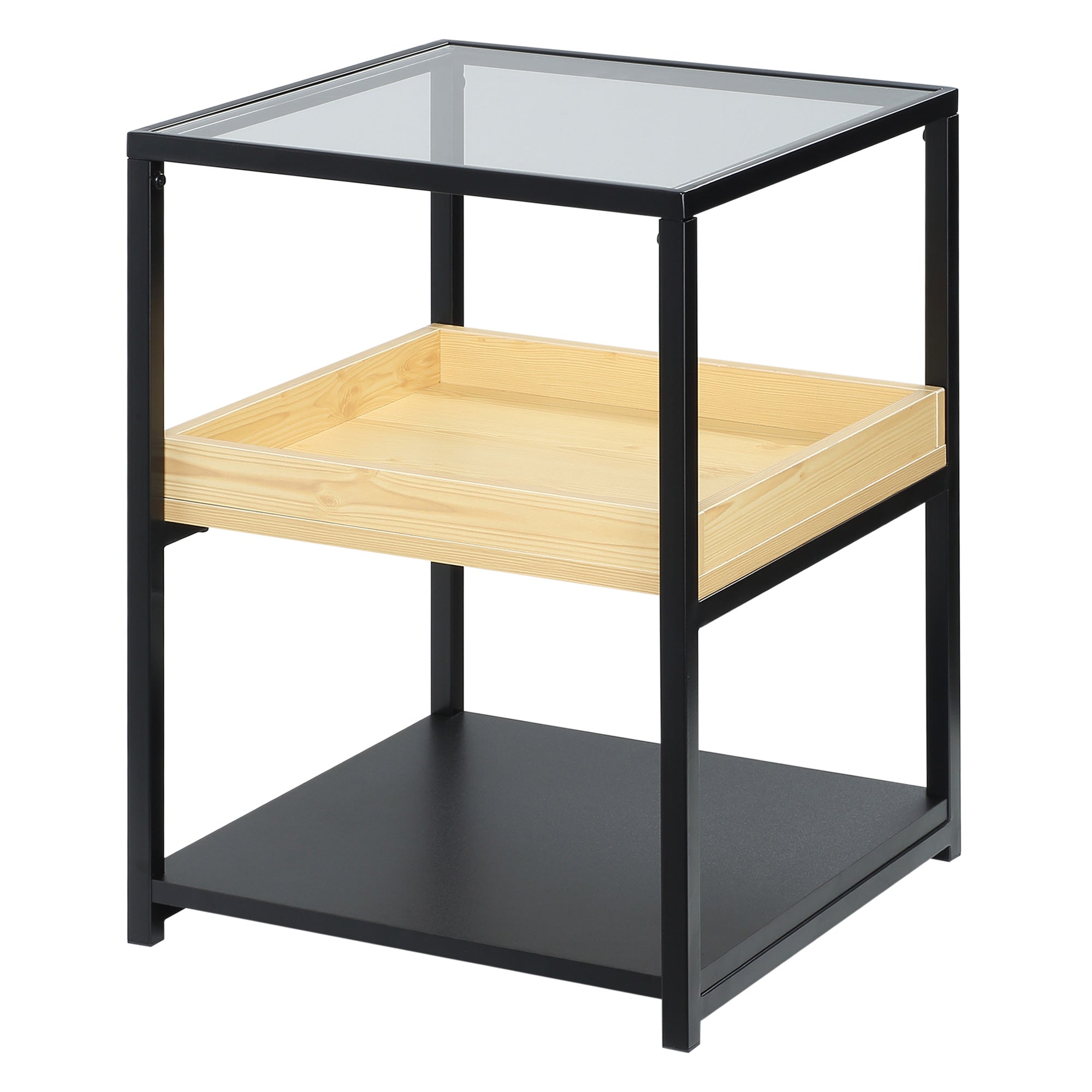 Glass Top Side Table, 3-Tier End Table with Storage Shelves, Nightstand with Steel Frame for Bedroom-0