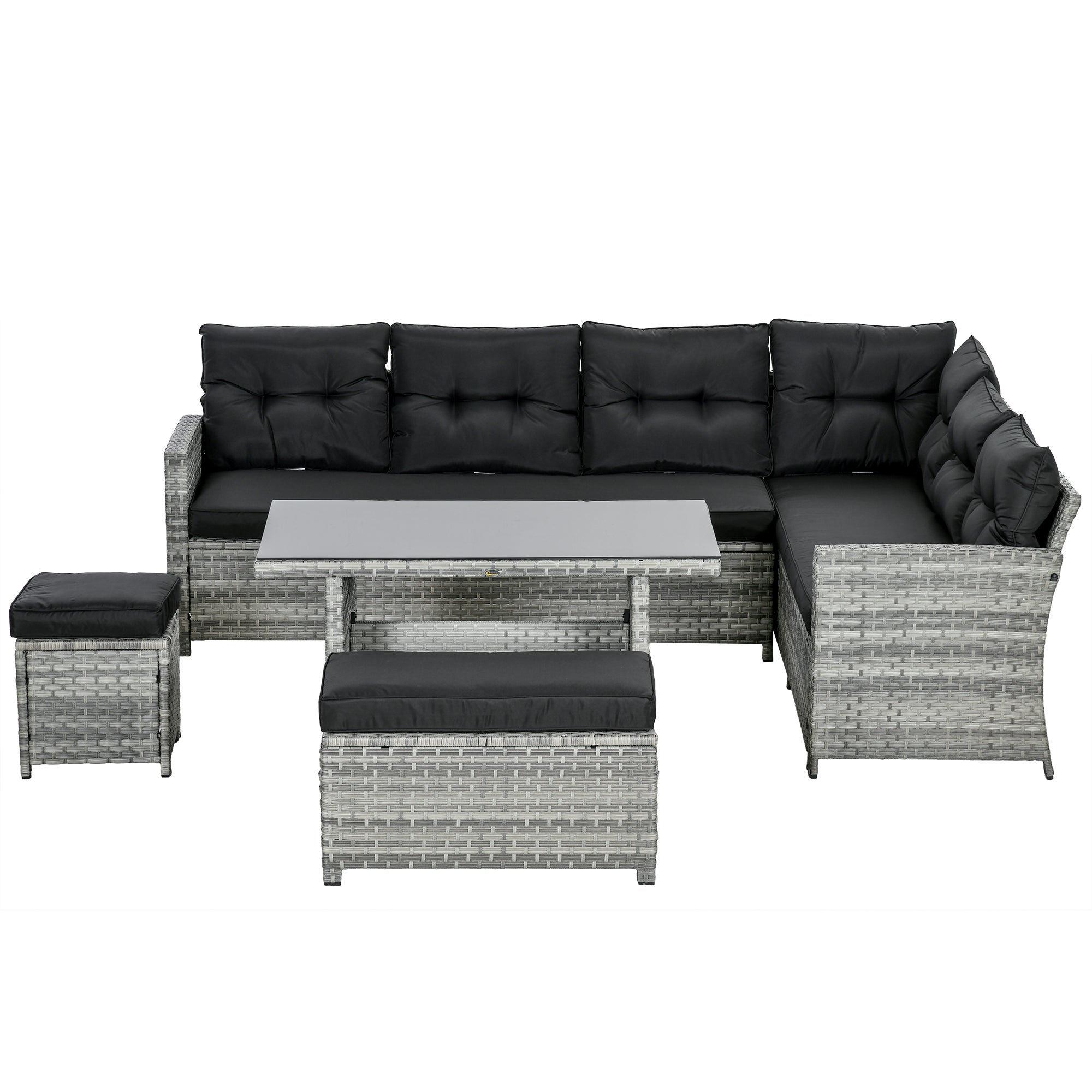 5-Piece Rattan Patio Furniture Set with Corner Sofa, Footstools, Glass Coffee Table, Cushions, Mixed Grey-0