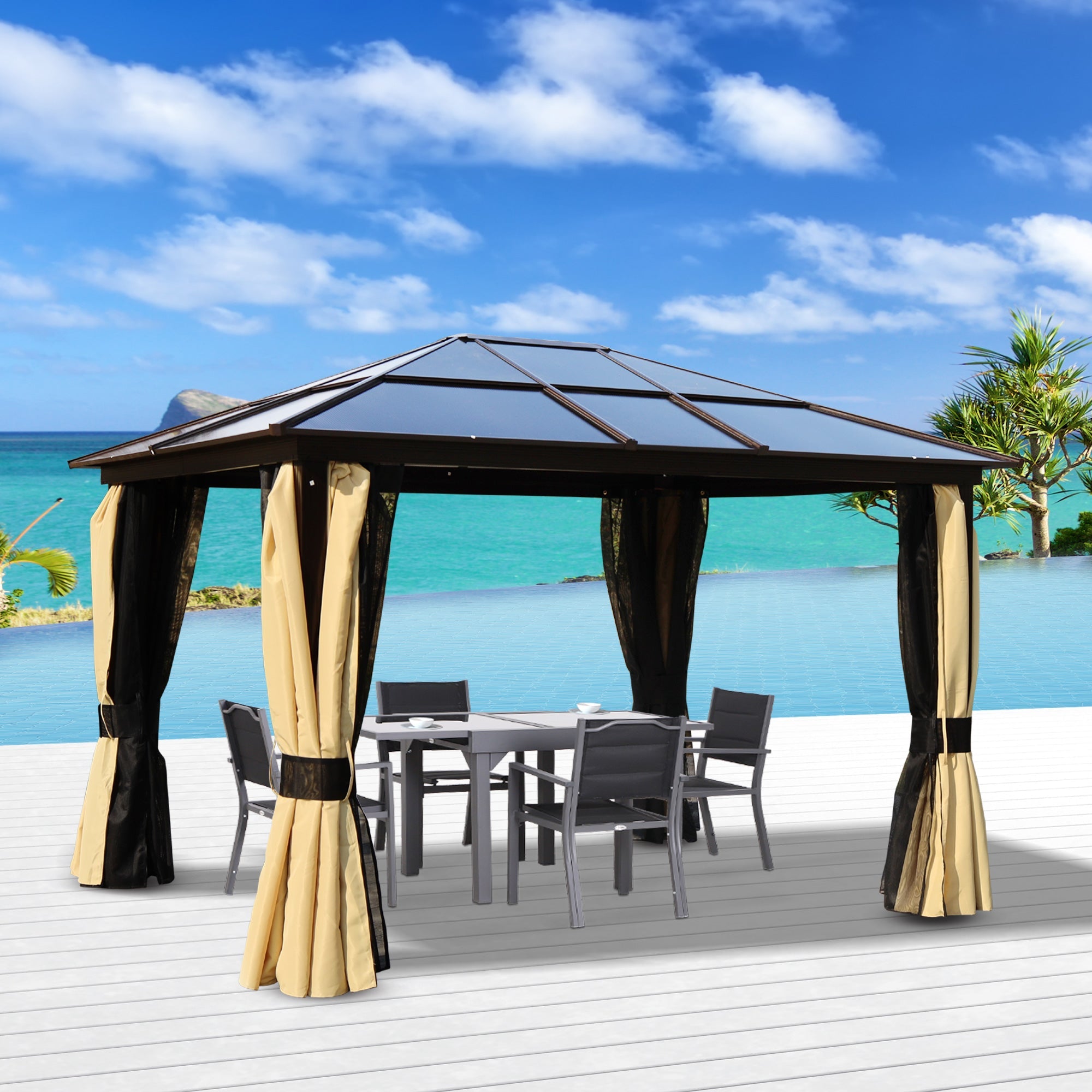 3.6 x 3(m) Polycarbonate Hardtop Gazebo with LED Solar Light and Aluminium Frame, Garden Pavilion with Mosquito Netting and Curtains-1