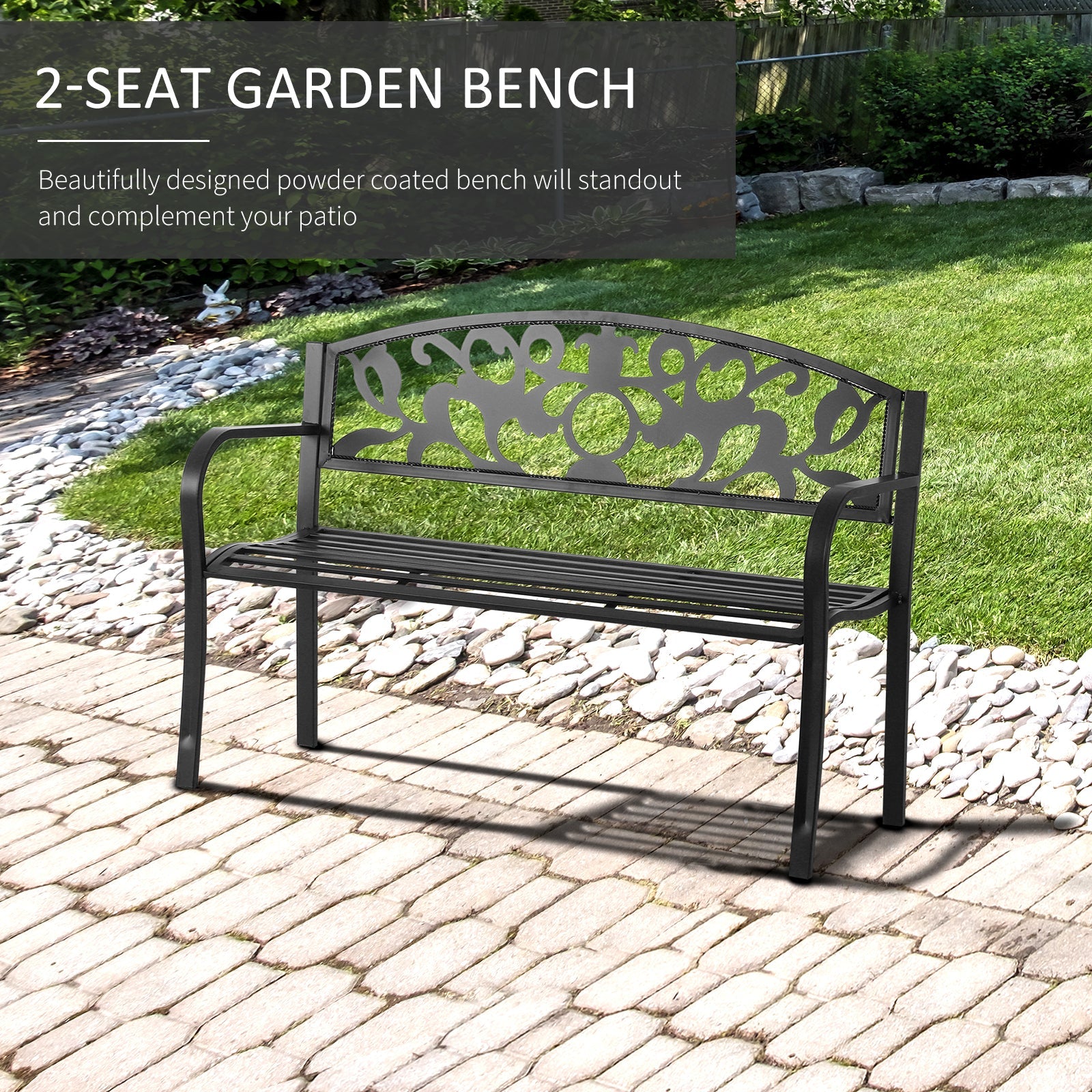 2 Seater Outdoor Patio Garden Metal Bench Park Yard Furniture Porch Chair Seat Black 128L x 91H x 50W cm-3