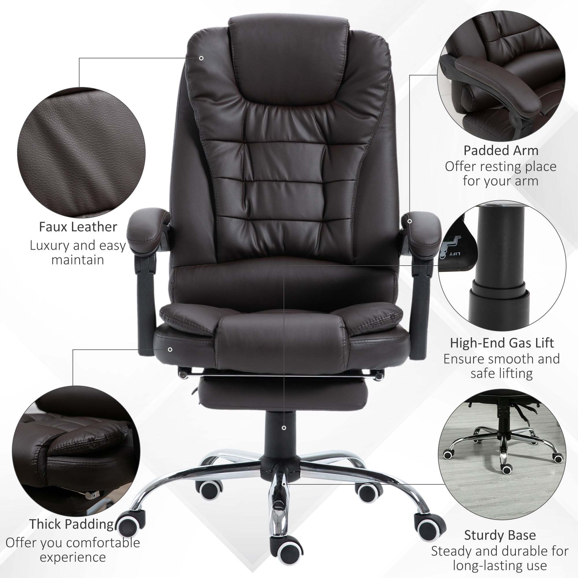 PU Leather Executive Office Chair, High Back Swivel Chair with Retractable Footrest, Adjustable Height, Reclining Function, Brown-3