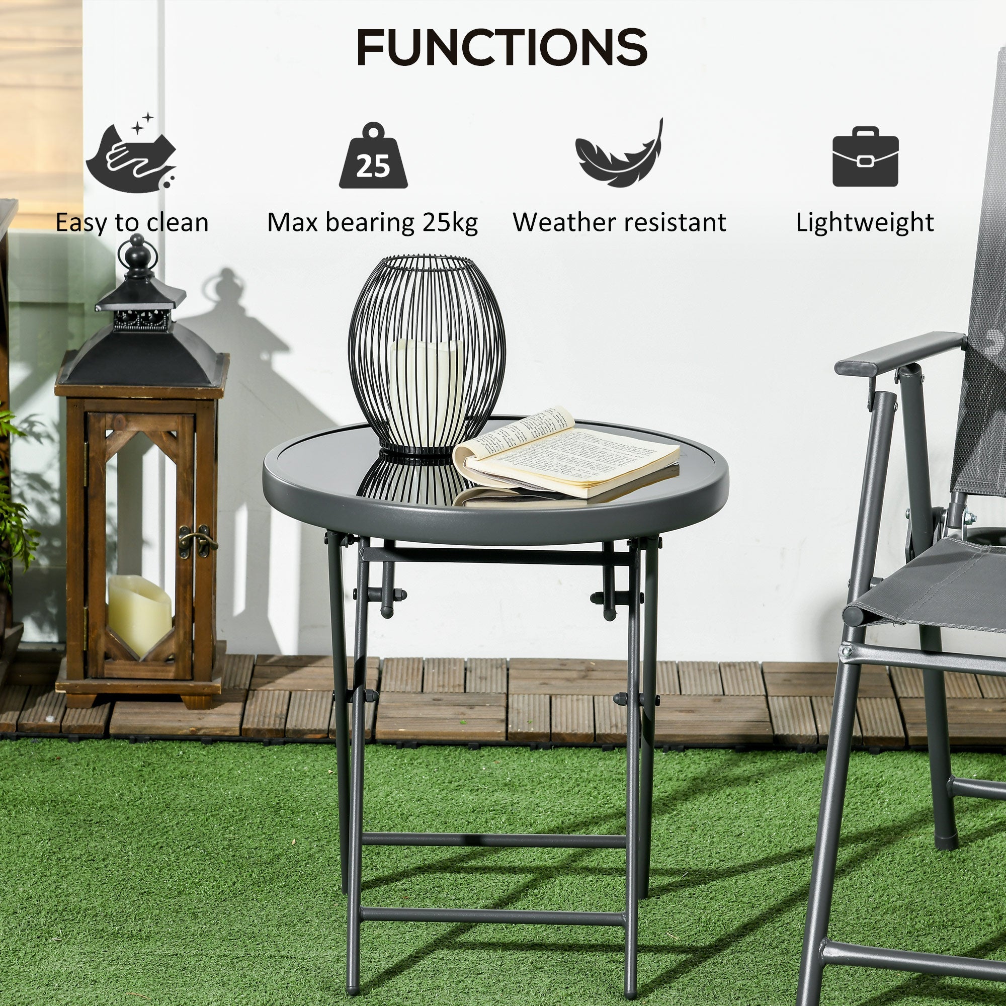 45cm Outdoor Side Table, Round Folding Patio Table with Imitation Marble Glass Top, Small Coffee Table-4