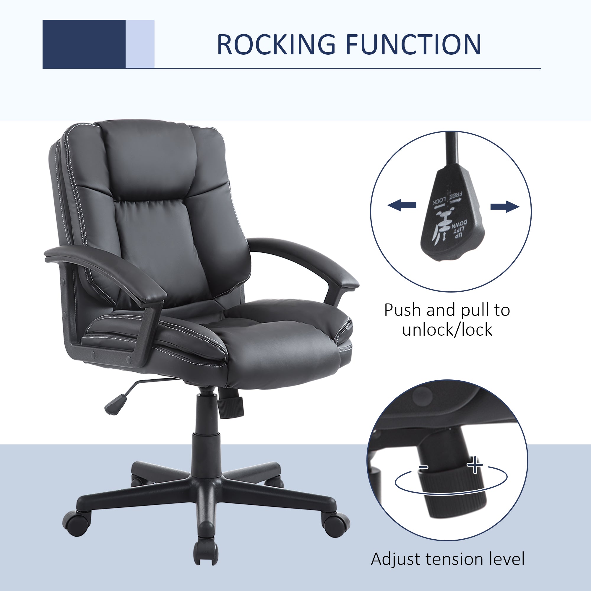 Swivel Executive Office Chair Mid Back Faux Leather Computer Desk Chair for Home with Double-Tier Padding, Arm, Wheels, Black-4