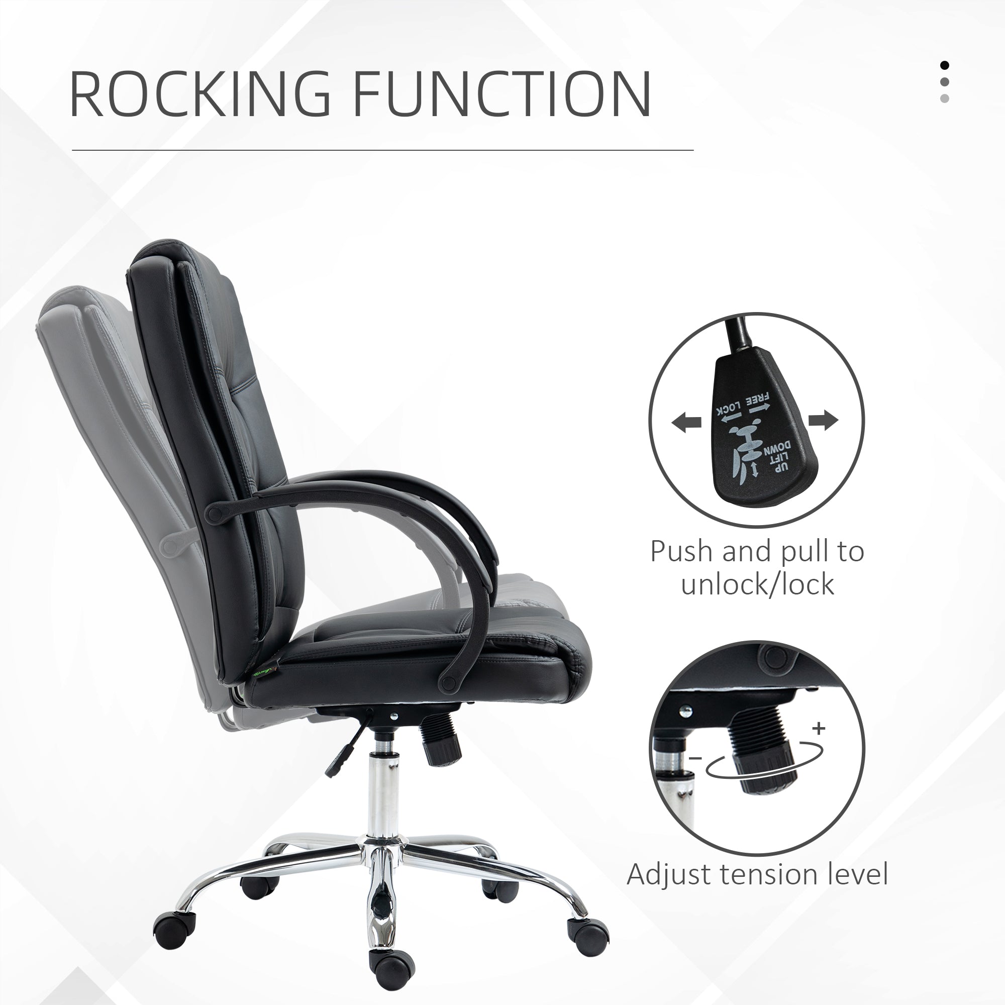 High Back Swivel Chair, PU Leather Executive Office Chair with Padded Armrests, Adjustable Height, Tilt Function, Black-3