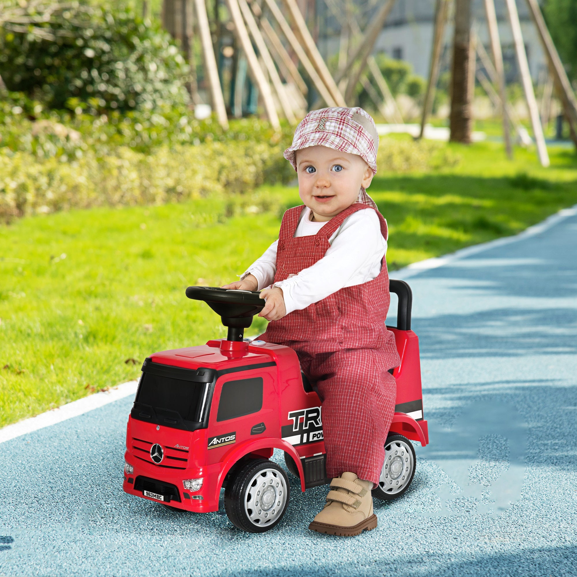 3-in-1 Ride On Car Licensed Mercedes-Benz Truck Stroller Toddler Under Seat Storage Handle Steering Wheel Horn for Baby 12 - 36 Months Red-1