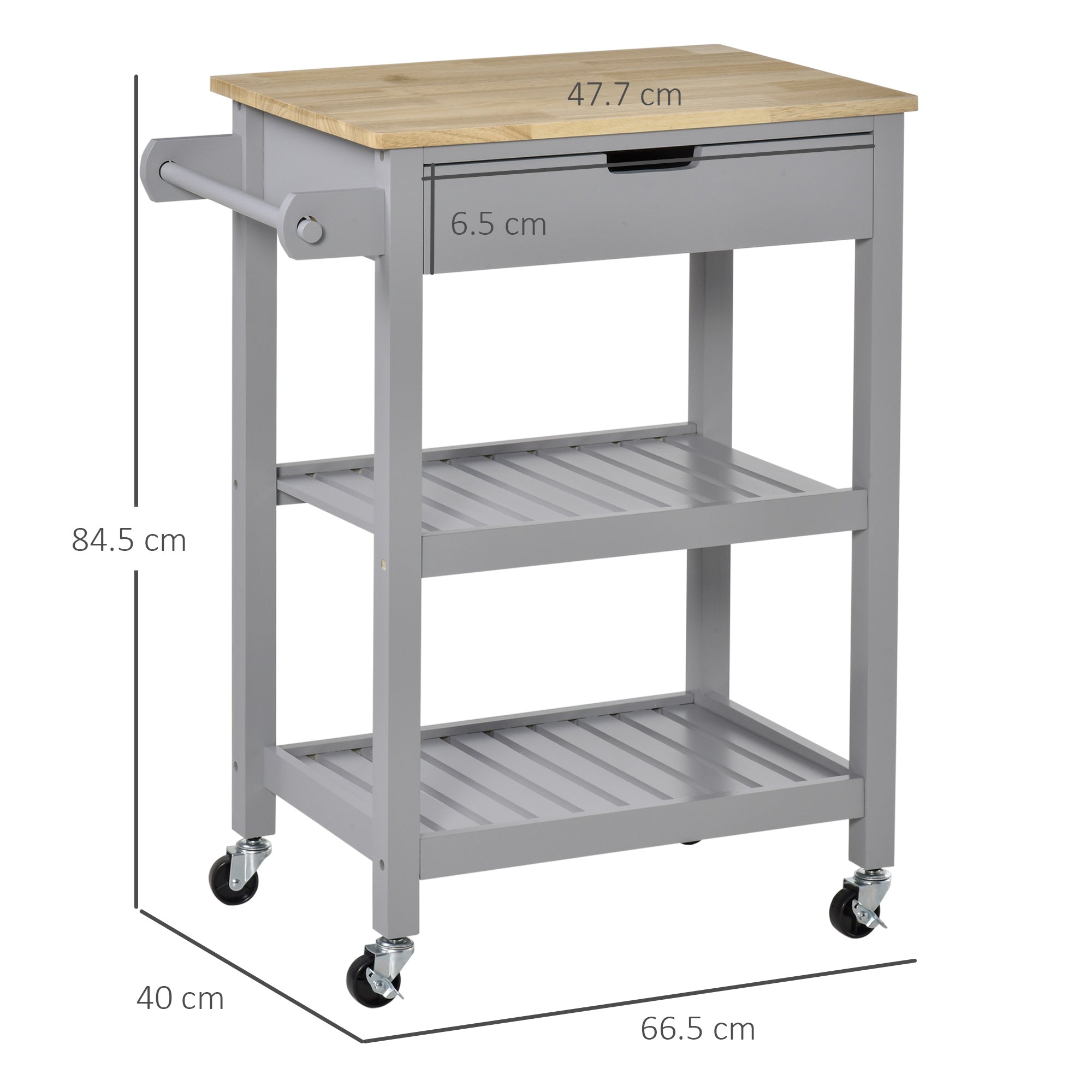 Kitchen Trolley Utility Cart on Wheels with Rubberwood Worktop, Towel Rack, Storage Shelves & Drawer for Dining Room, Grey-2