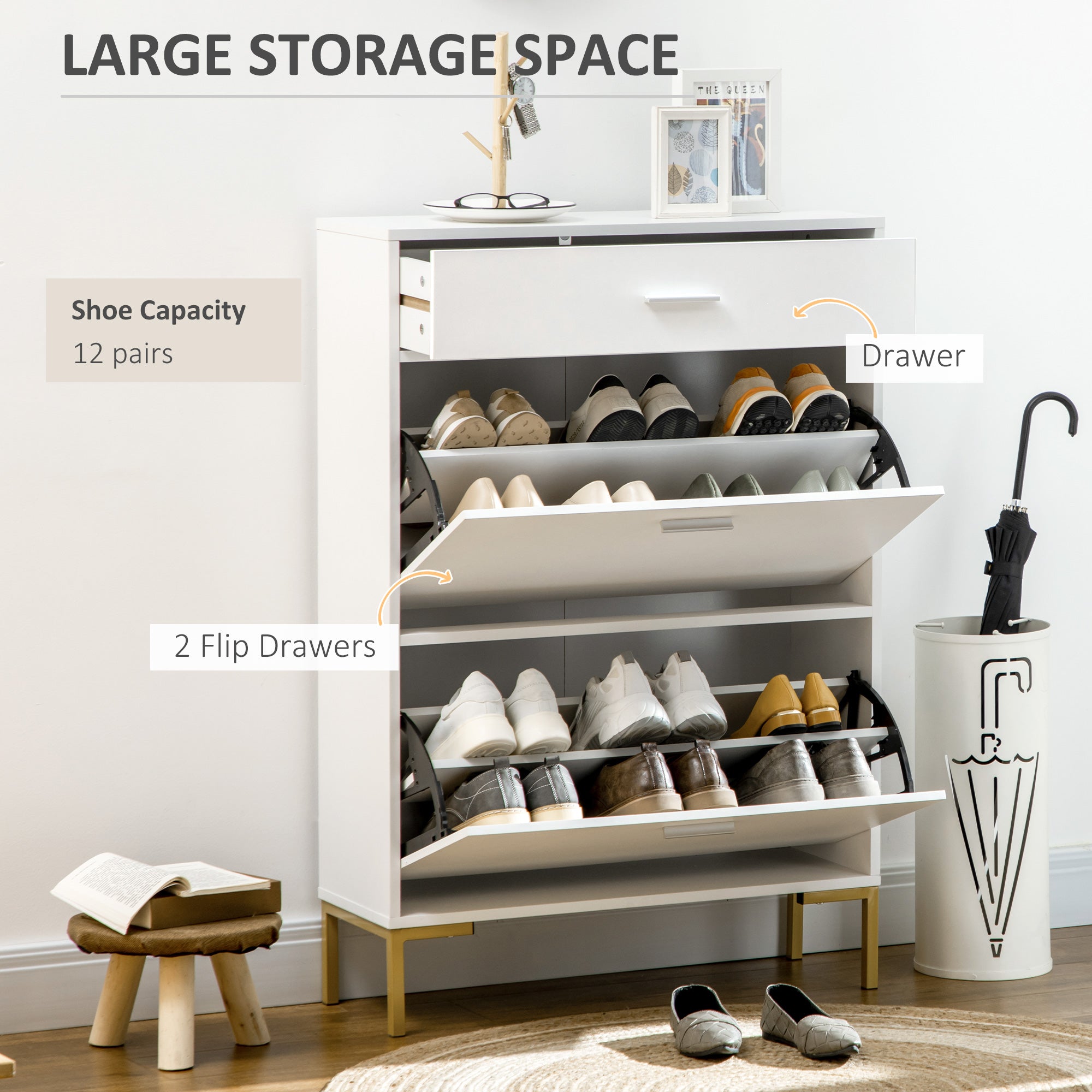 Modern Shoe Cabinet with 2 Flip Doors, Drawer and Adjustable Shelf, Hallway Shoe Cupboard Storage Organizer for 12 Pairs of Shoes, White-3