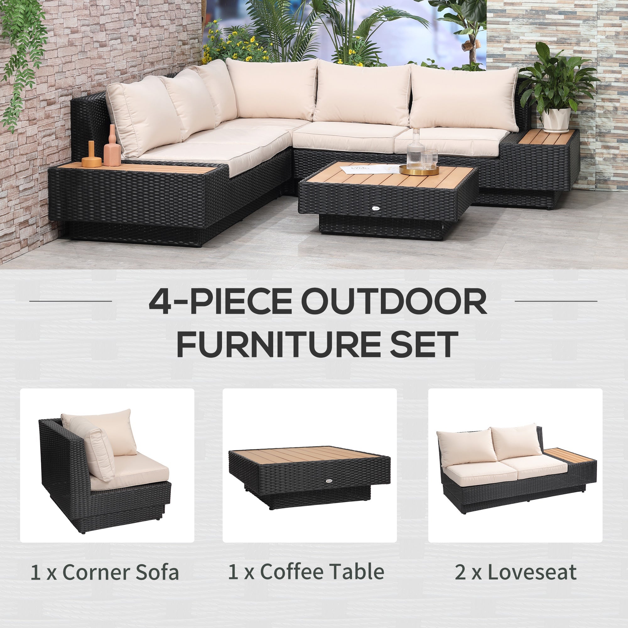 5-Seater Rattan Garden Furniture Outdoor Sectional Corner Sofa and Coffee Table Set Conservatory Wicker Weave w/ Armrest and Cushions, Black-4