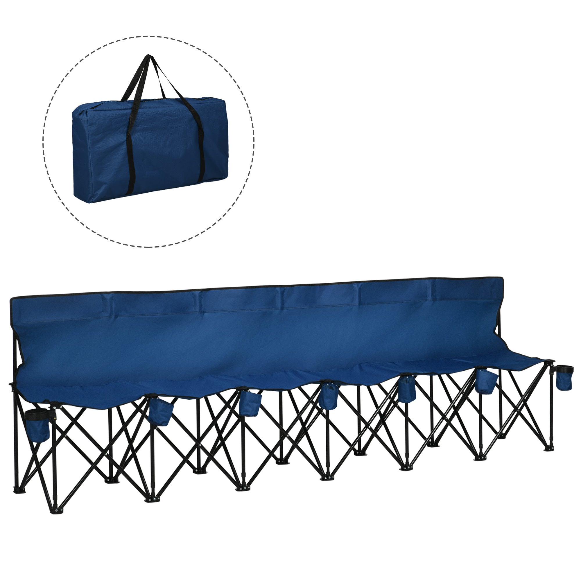 6 Seater Folding Sports Bench Outdoor Picnic Camping Portable Spectator Chair Steel Frame w/ Cup Holder & Carry Bag - Blue-0