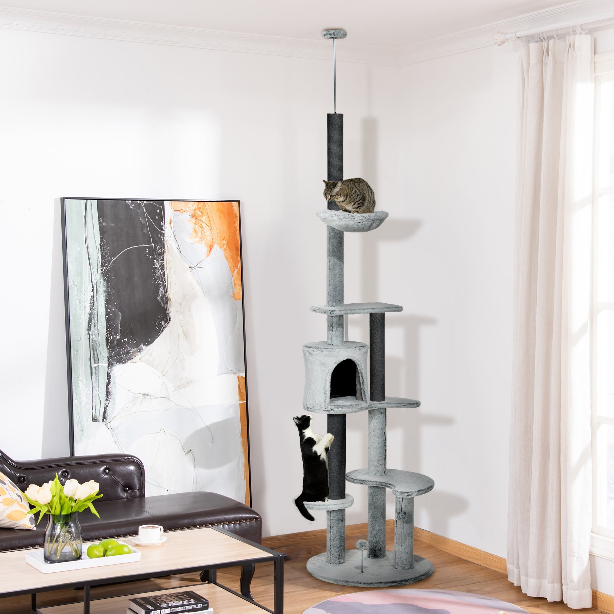 255cm Floor to Ceiling Cat Tree with Scratching Posts, Height Adjustable Cat Tower with Hammock, House, Anti-tipping Kit, Perches, Toys, Grey-1