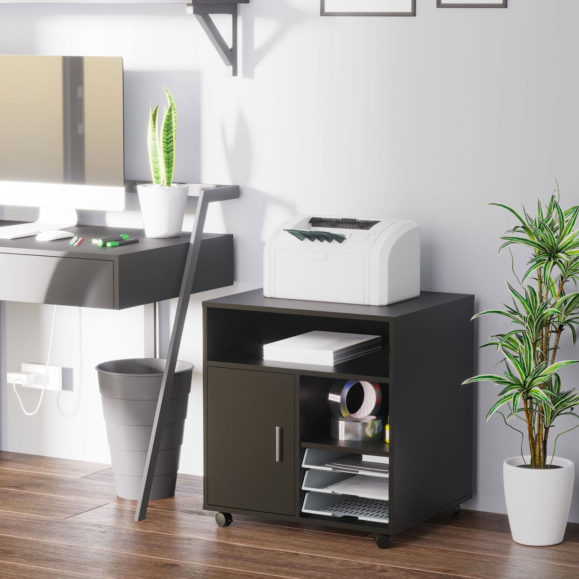 Multi-Storage Printer Stand Unit Office Desk Side Mobile Storage w/ Wheels Modern Style 60L x 50W x 65.5H cm - Black-1