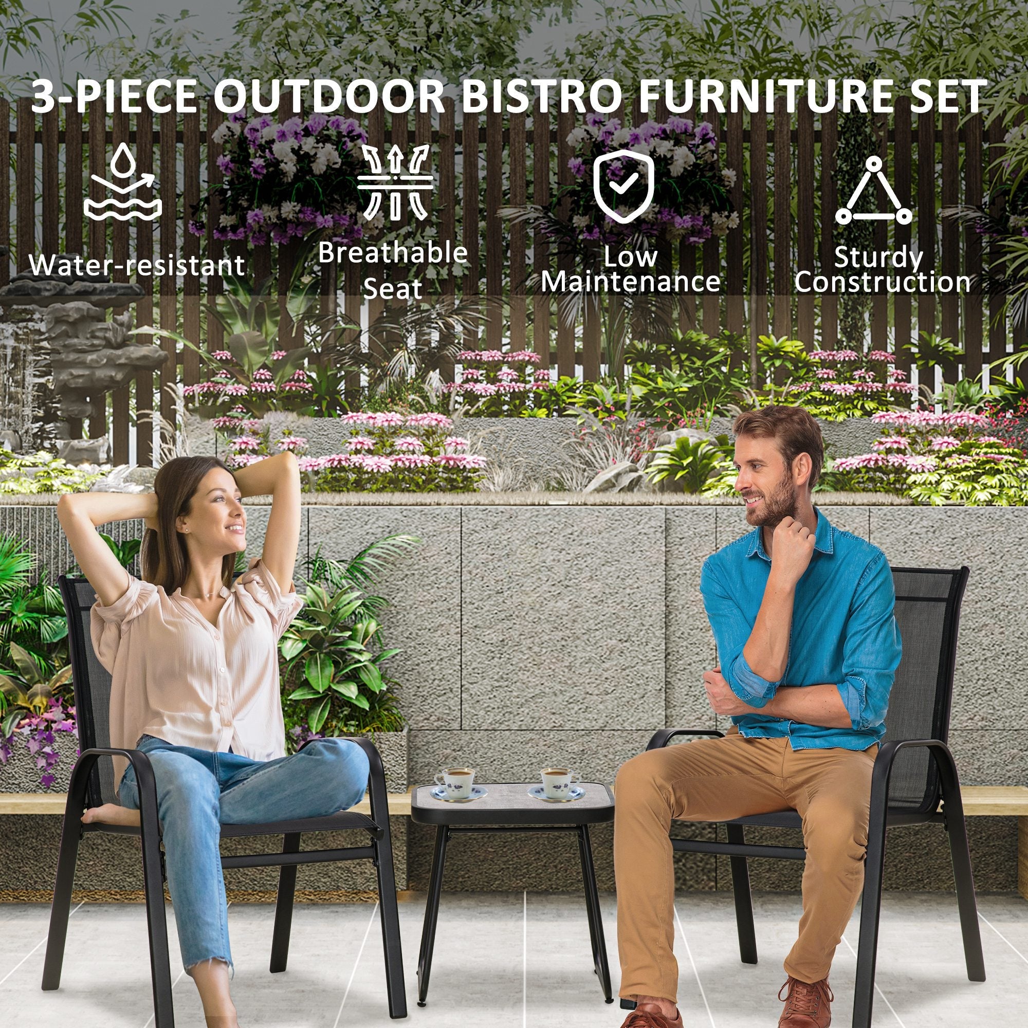 3 Pieces Outdoot Bistro Set, Patio Stackable Armchairs with Breathable Mesh Fabric and PSC Board Coffee Table, Black-3