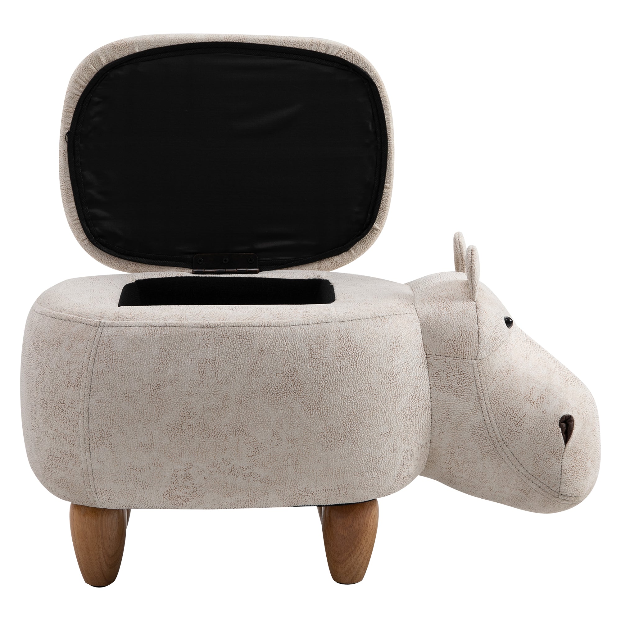 Hippo Storage Stool Cute Decoration Footrest Wood Frame Legs with Padding Lid Ottoman Animal Furniture Cream 36 x 65cm-0