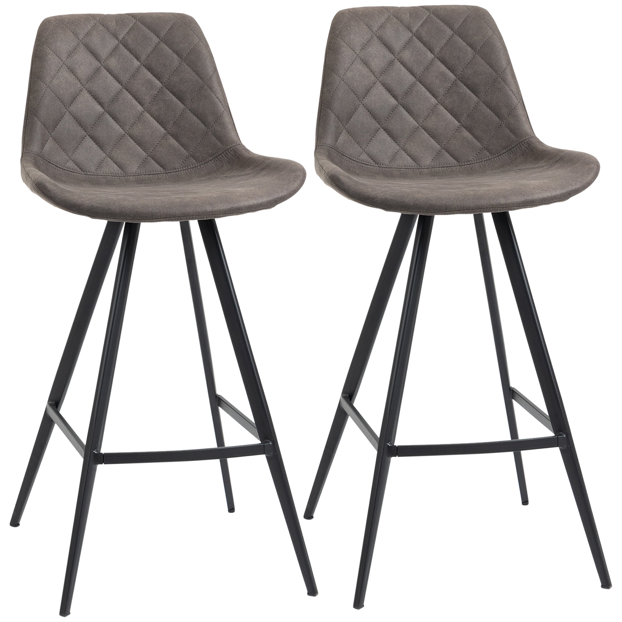 Set Of 2 Bar Stools Vintage Microfiber Cloth Tub Seats Padded Comfortable Steel Frame Footrest Quilted Home Kitchen Chair Stylish Dark Grey-0