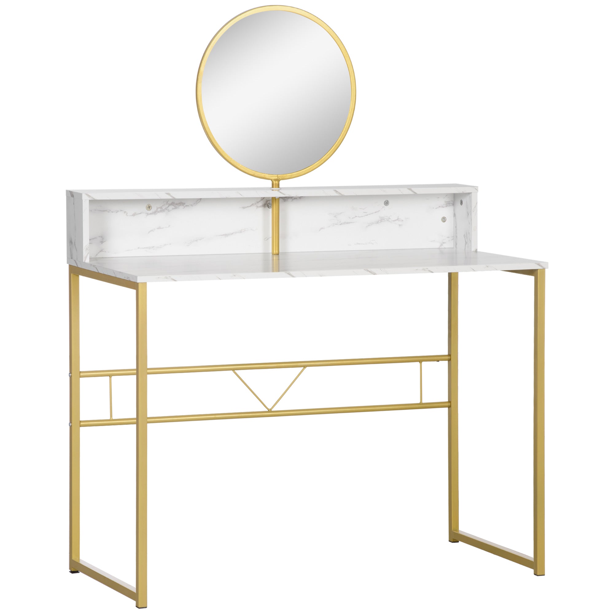 Modern Dressing Table with Round Mirror, Vanity Makeup Desk with Open Storage, Faux Marble Texture and Steel Frame for Bedroom, White-0