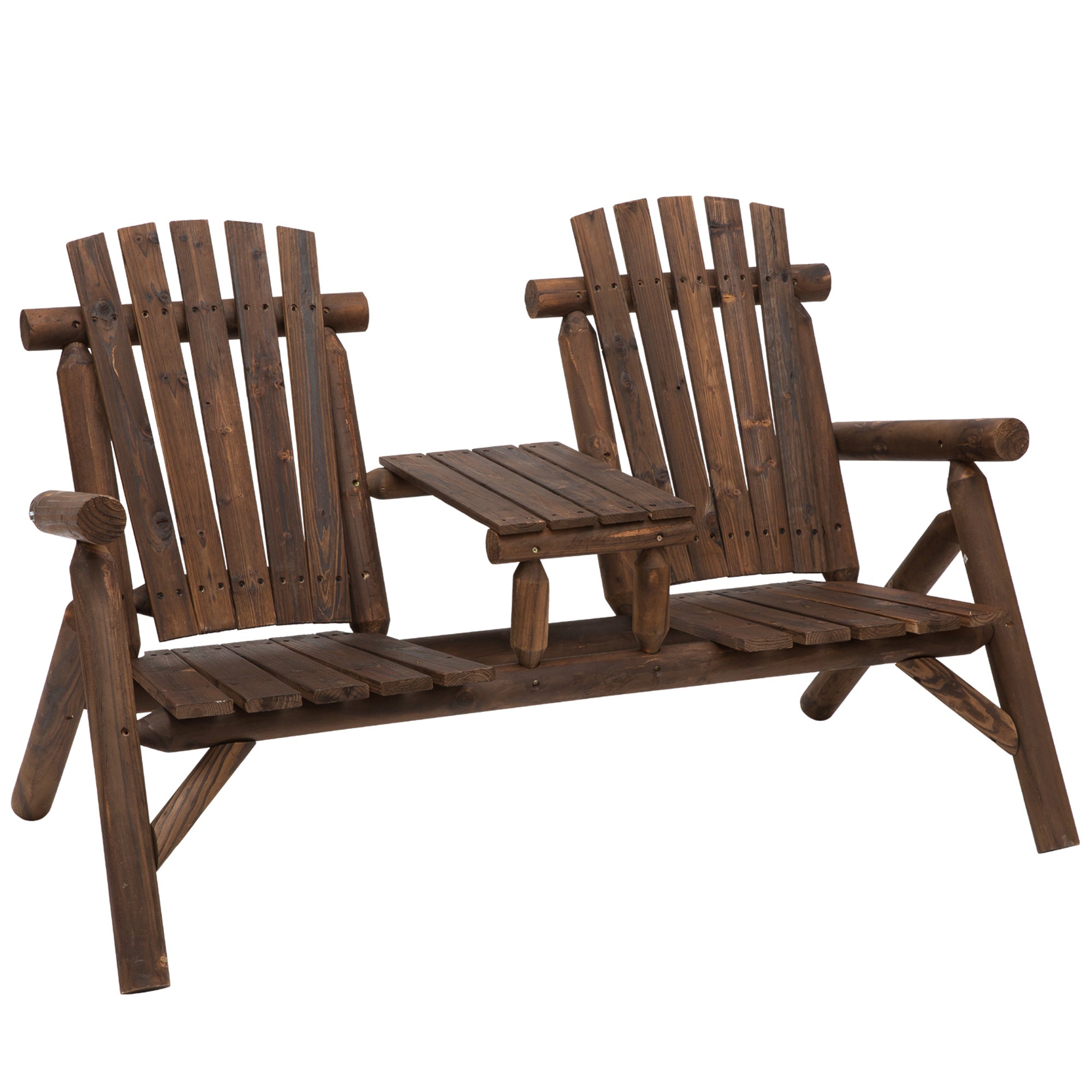 Wood Patio Chair Bench 2 Seats with Center Coffee Table, Garden Loveseat Bench Backyard, Perfect for Lounging Relaxing Outdoors, Carbonized-0