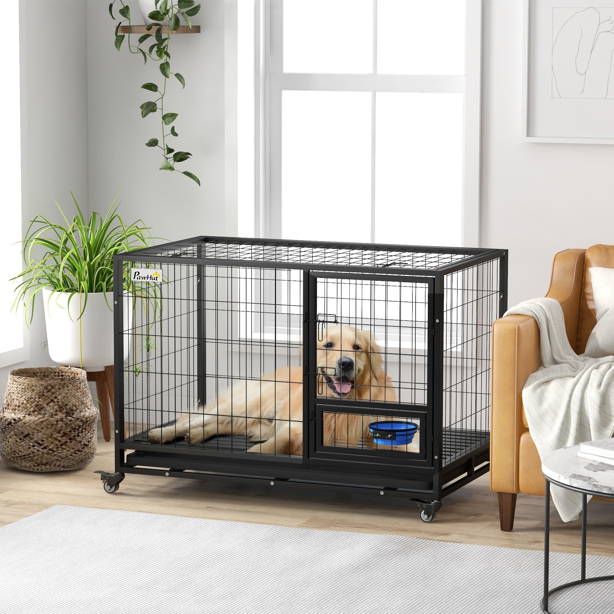 48" Heavy Duty Dog Crate on Wheels w/ Bowl Holder, Removable Tray, Detachable Top, Double Doors for L, XL Dogs-1