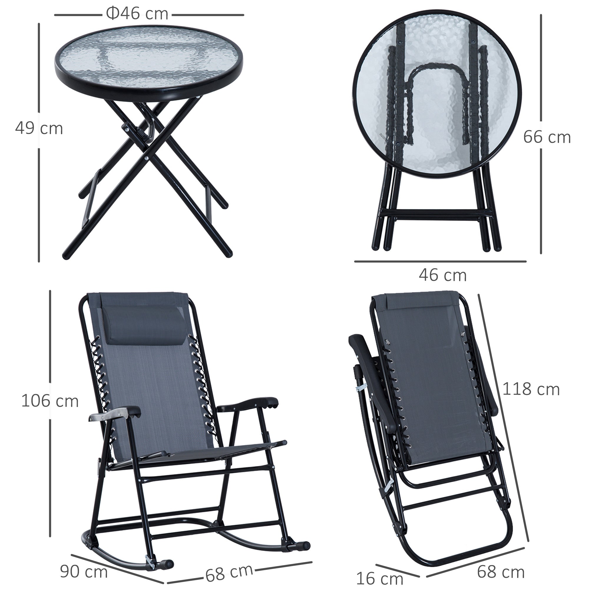 3 Piece Outdoor Rocking Set with 2 Folding Chairs and 1 Tempered Glass Table, Patio Bistro Set for Garden, Deck, Grey-2
