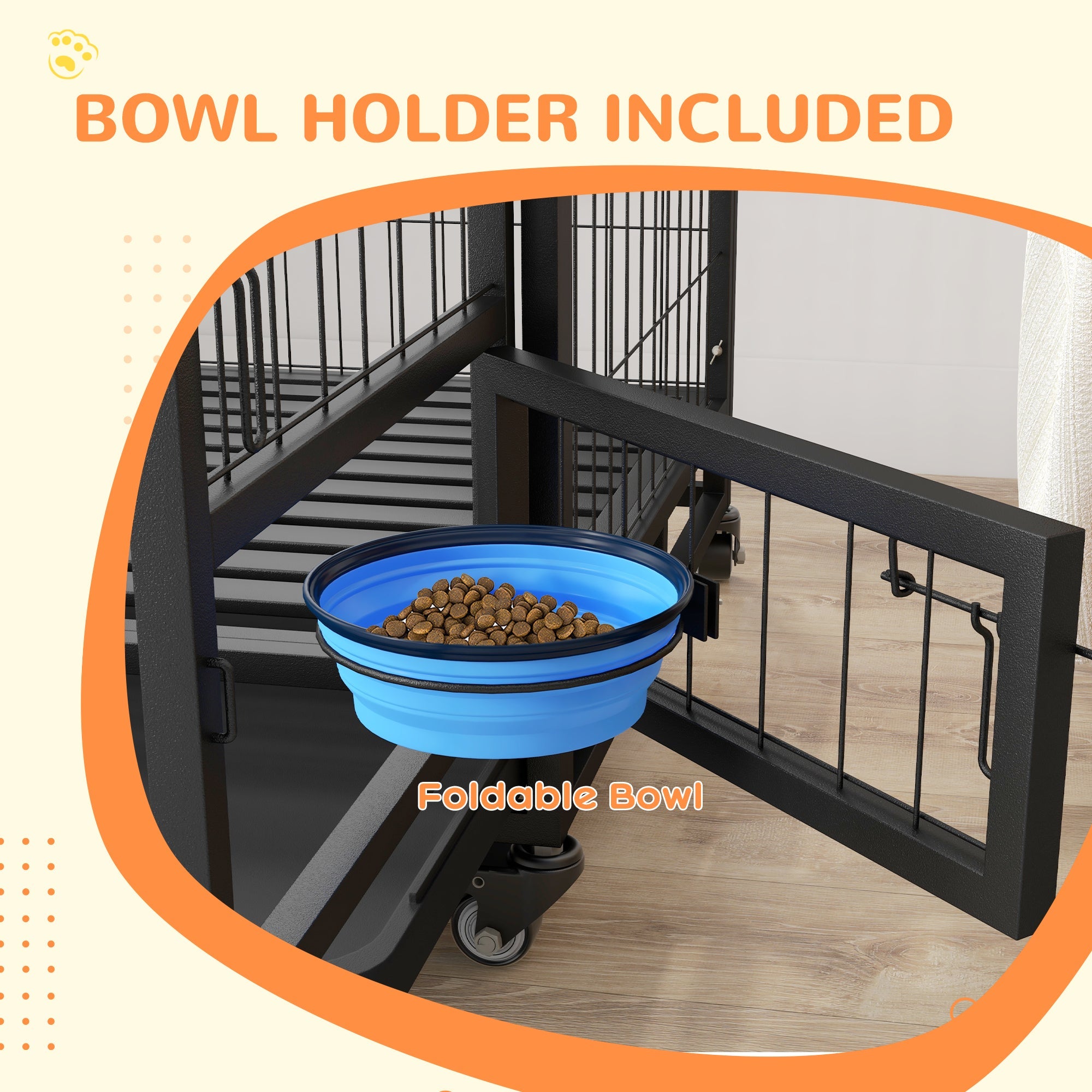 48" Heavy Duty Dog Crate on Wheels w/ Bowl Holder, Removable Tray, Detachable Top, Double Doors for L, XL Dogs-4