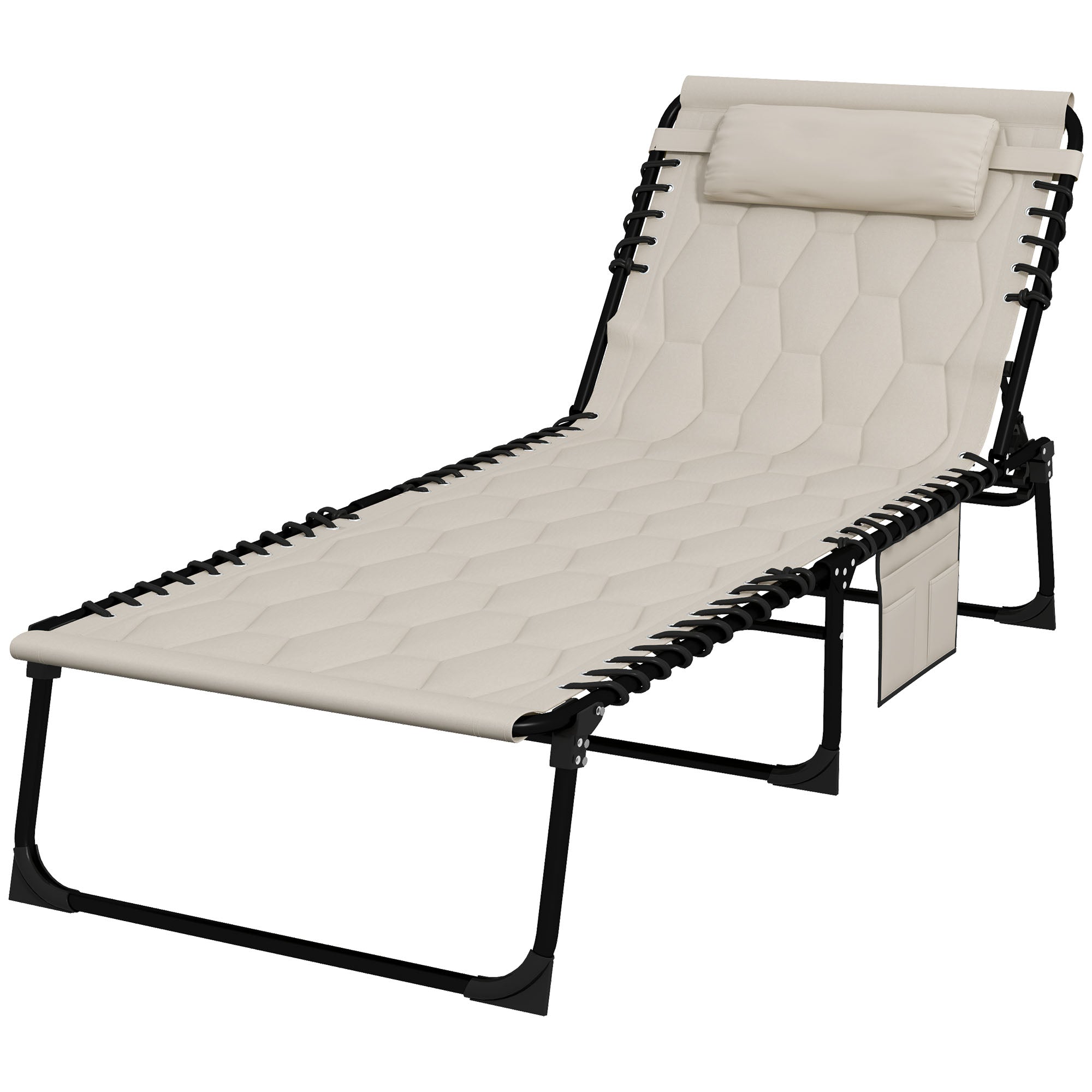 Foldable Sun Lounger Set with 5-level Reclining Back, Outdoor Tanning Chairs Sun Loungers with Build-in Padded Seat, Side Pocket, Headrest for Beach, Yard, Patio, Khaki-0