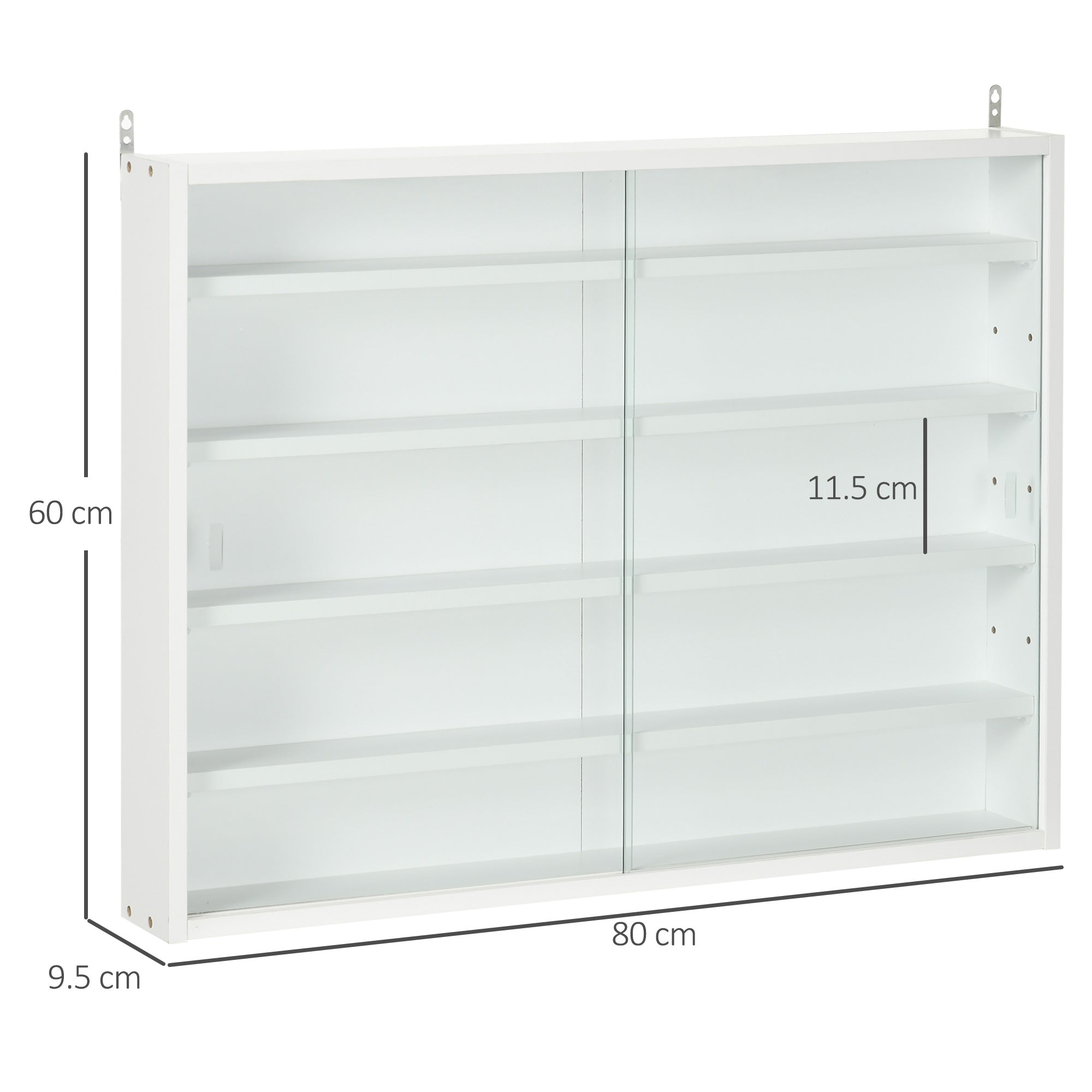 5-Tier Wall Display Shelf Unit Cabinet w/ 4 Adjustable Shelves Glass Doors Home Office Ornaments 60x80cm White-2