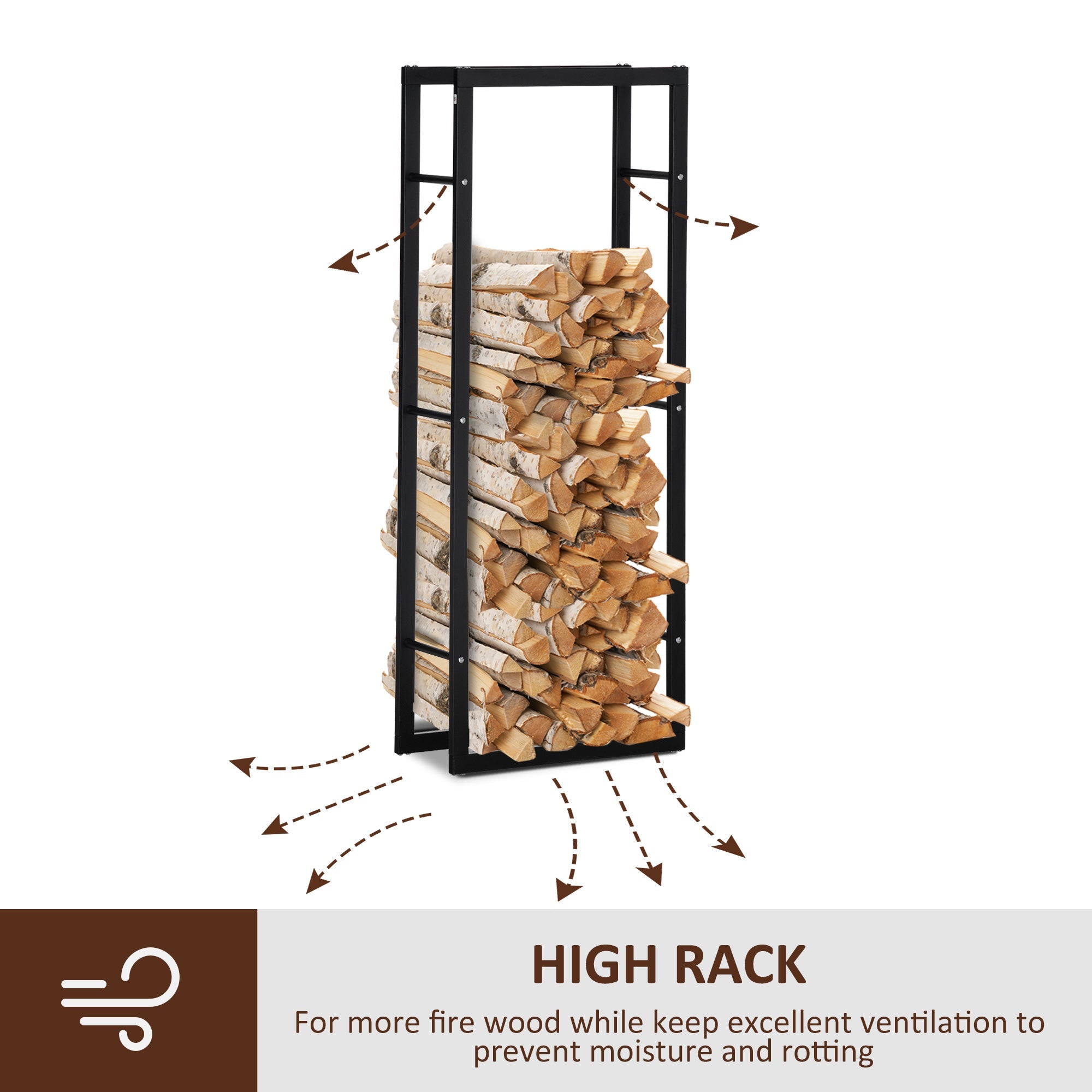 Metal Firewood Log Holder Tall Firewood Rack Indoor Outdoor Fireplace Wood Storage Shelf, Black, 60Wx25Dx150Hcm-4