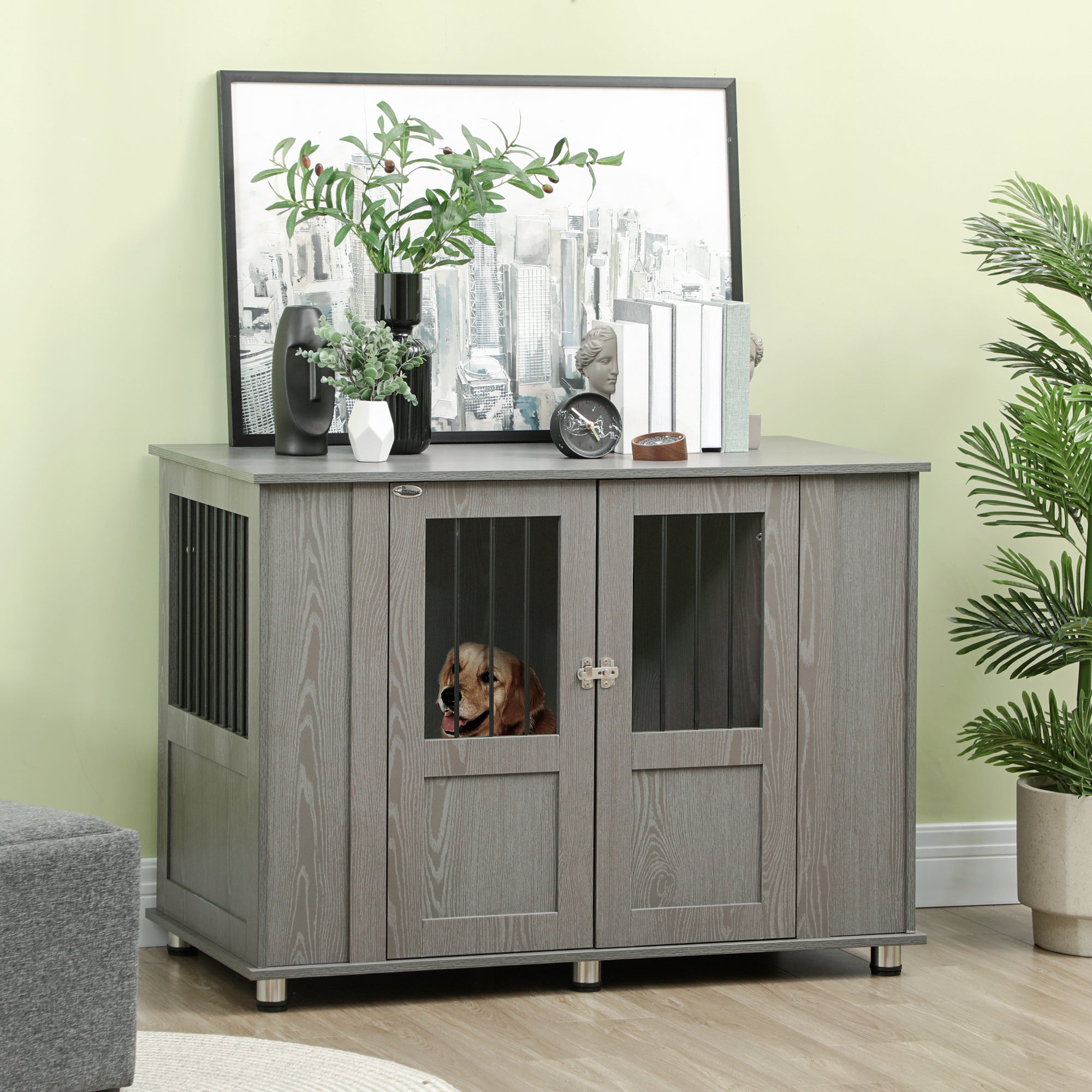 Dog Crate Furniture End Table, Pet Kennel for Extra Large Dogs with Magnetic Door Indoor Animal Cage, Grey, 116 x 60 x 87 cm-1