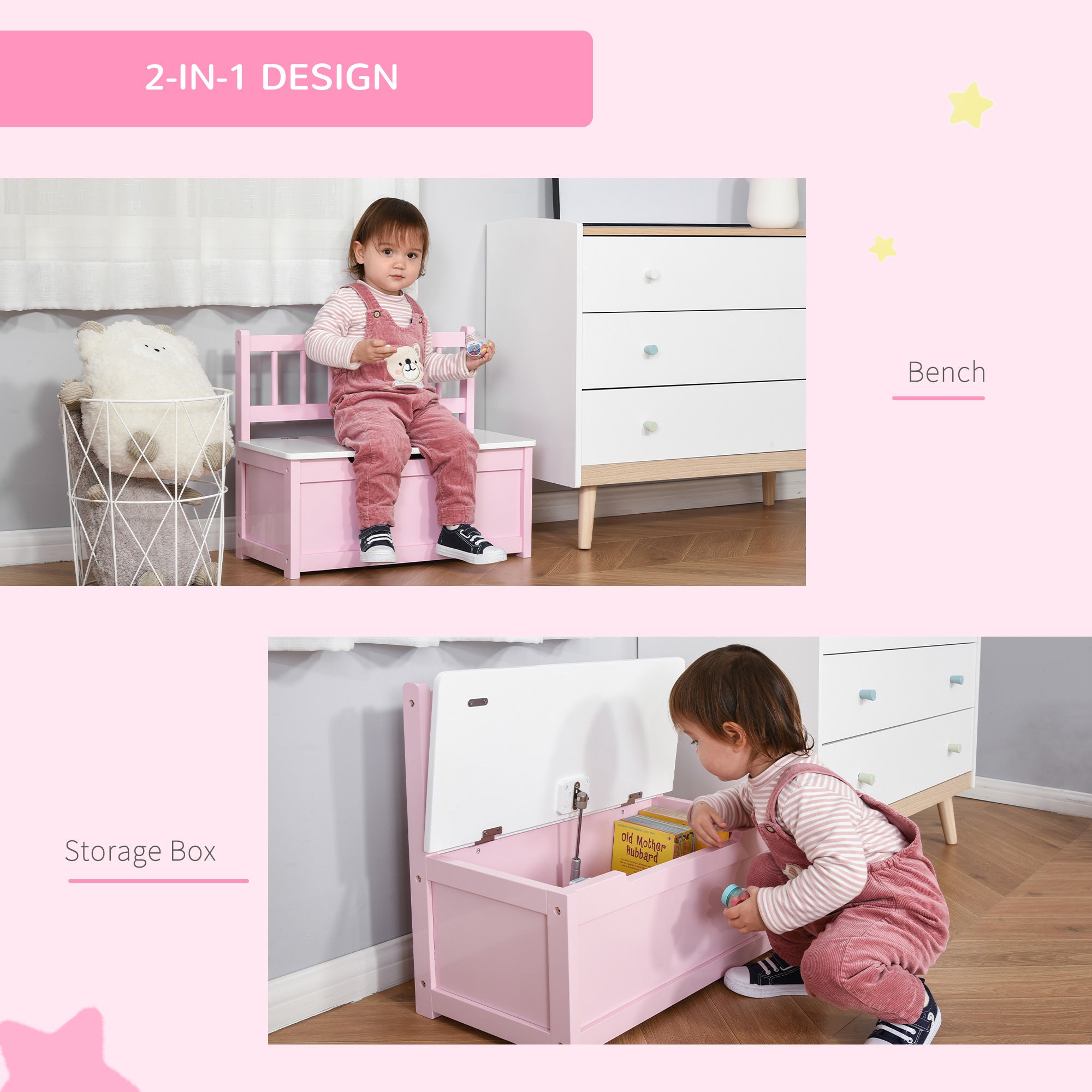 2-IN-1 Wooden Toy Box Kids Seat Bench Storage Chest Cabinet Organizer with Safety Pneumatic Rod 60 x 30 x 50cm Pink-4