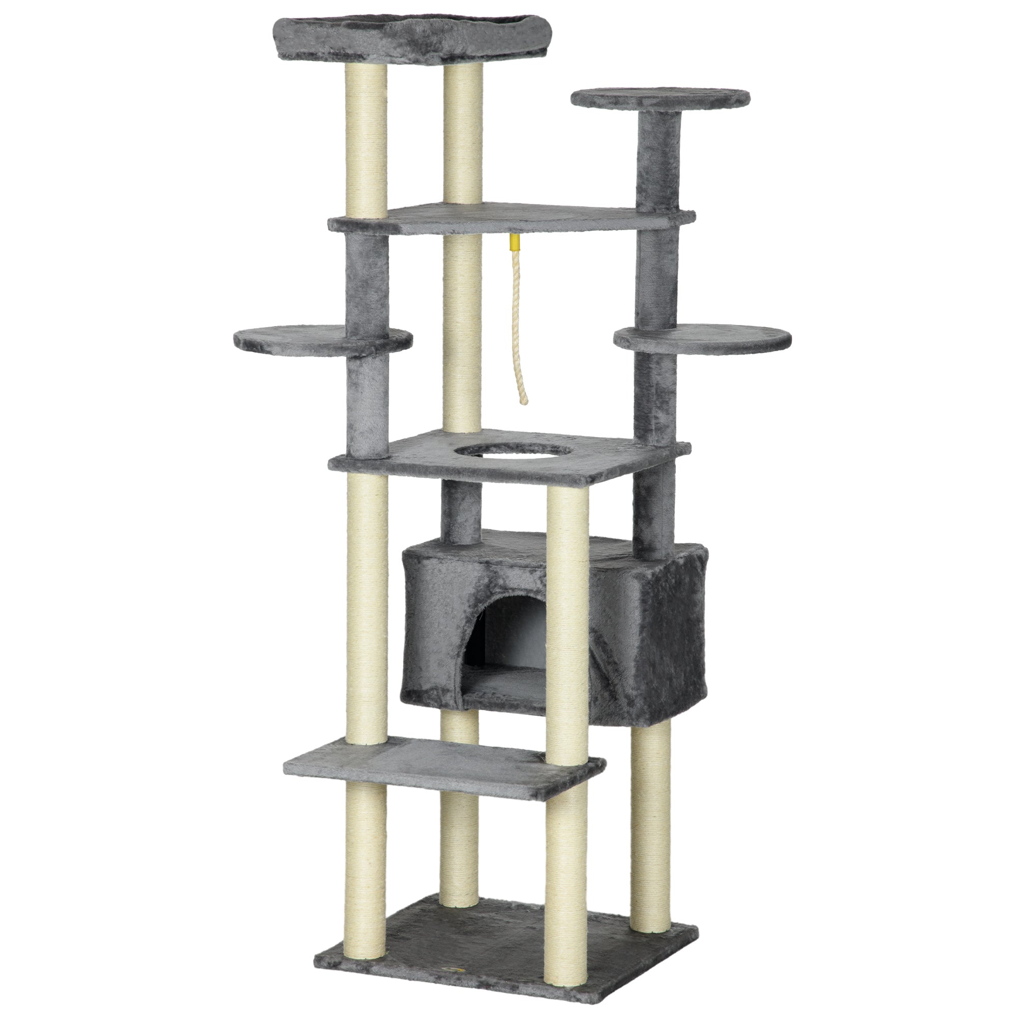 184cm Cat Tree for Indoor Cats, Multi-level Kitten Climbing Tower with Scratching Posts, Cat Bed, Condo, Perches, Hanging Play Rope, Grey-0